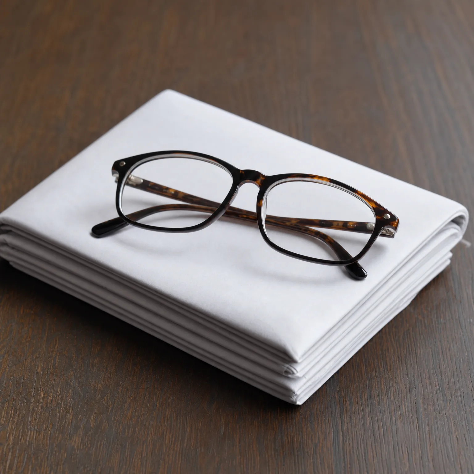 A pair of tortoiseshell-patterned eyeglasses resting on a folded stack of white newspaper on a dark wooden surface.