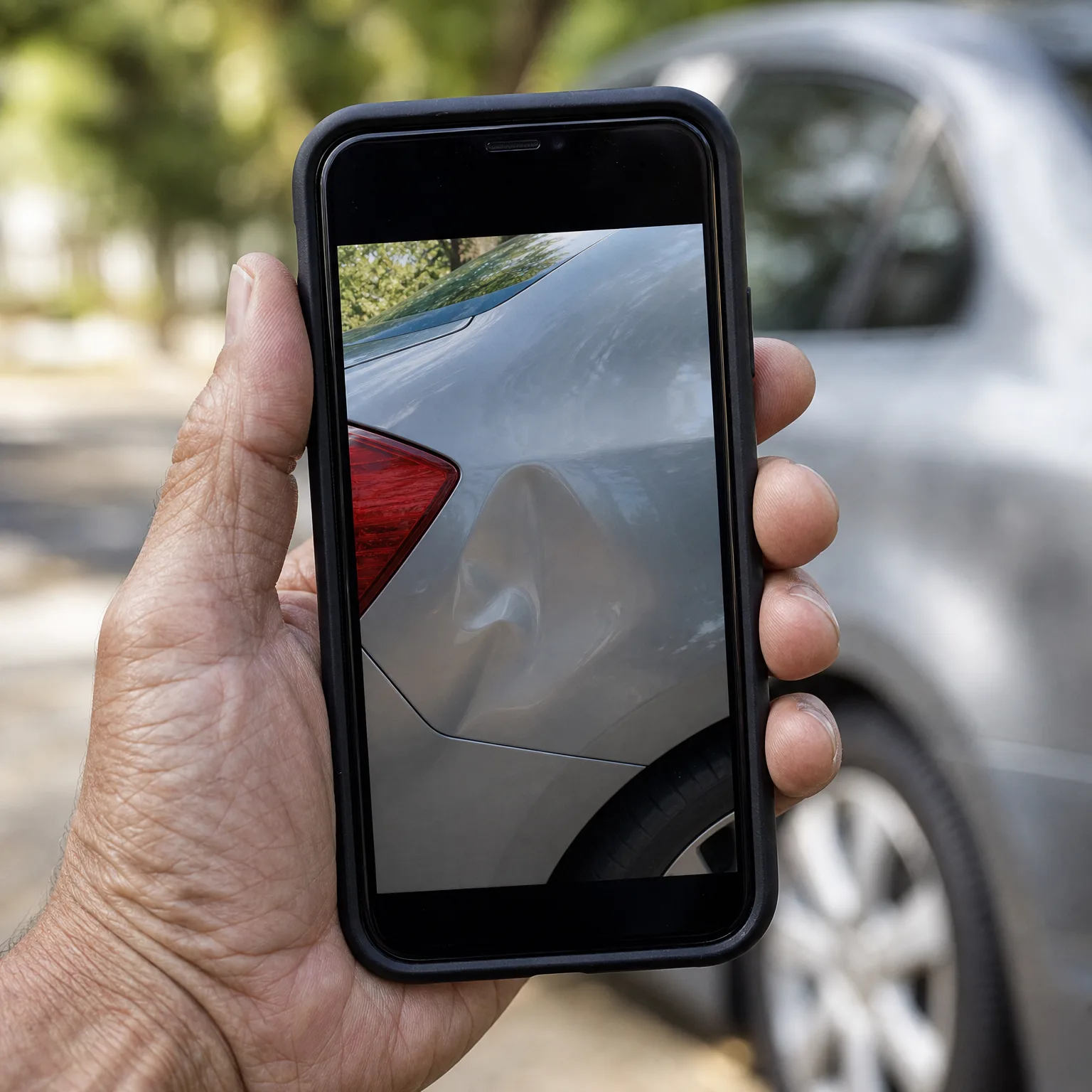 A hand holds a smartphone in a black case displaying a close-up photo of a dented silver car panel near the tail light, with a blurred silver car in the background.