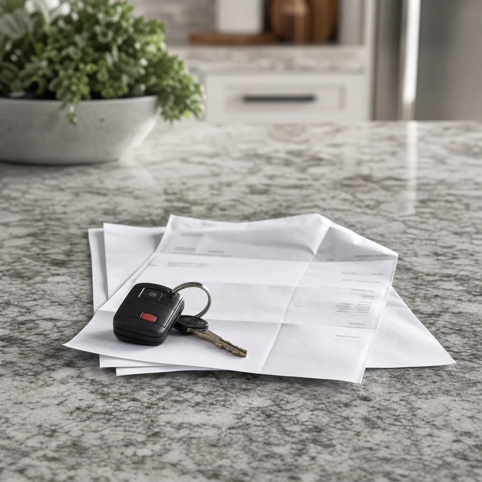 A black key fob with a key on a ring rests on a stack of white printed documents on a gray granite countertop, with a potted green plant blurred in the background.