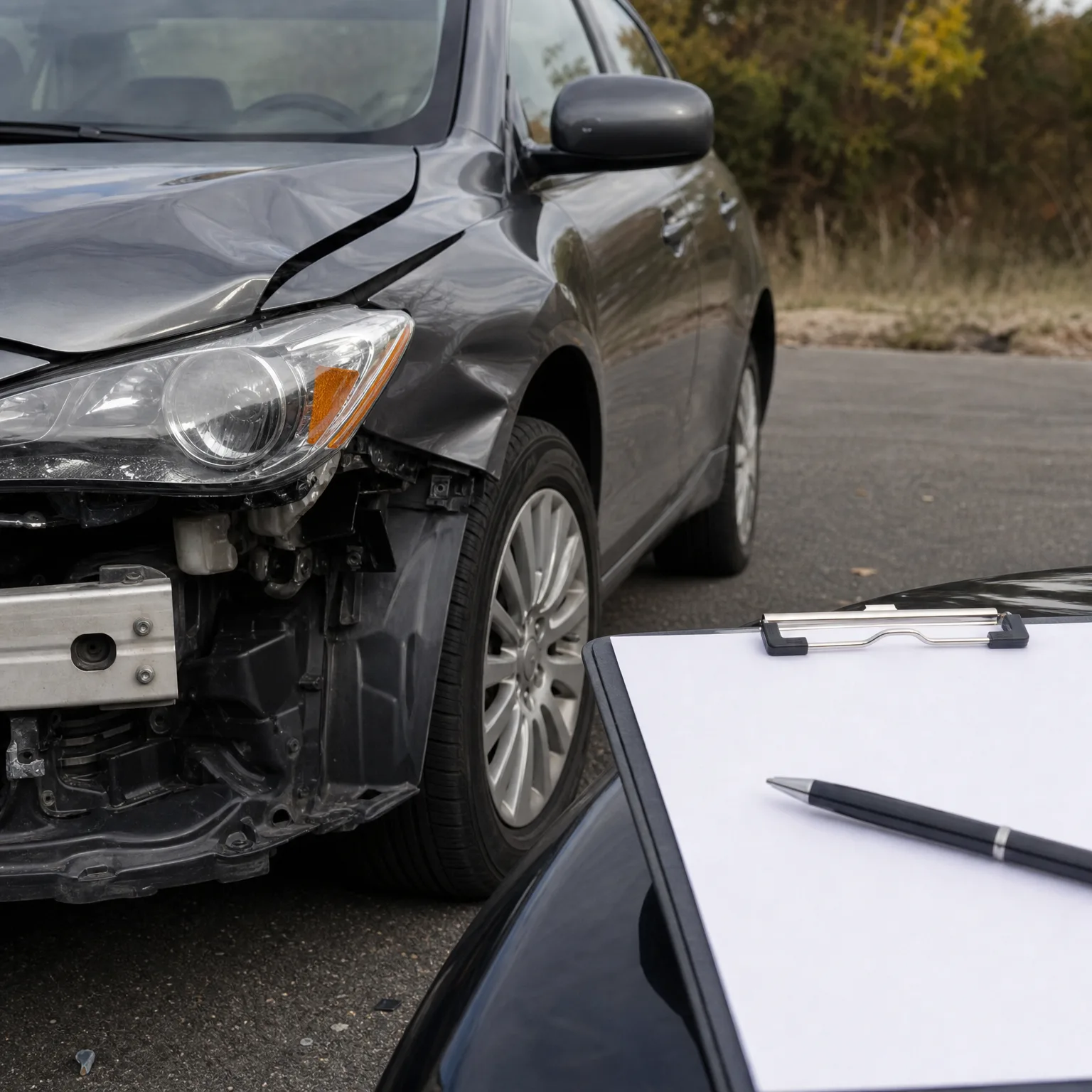 A dark gray car with a crushed front bumper and damaged fender parked on asphalt, with a clipboard holding a blank sheet of paper and a pen in the foreground.