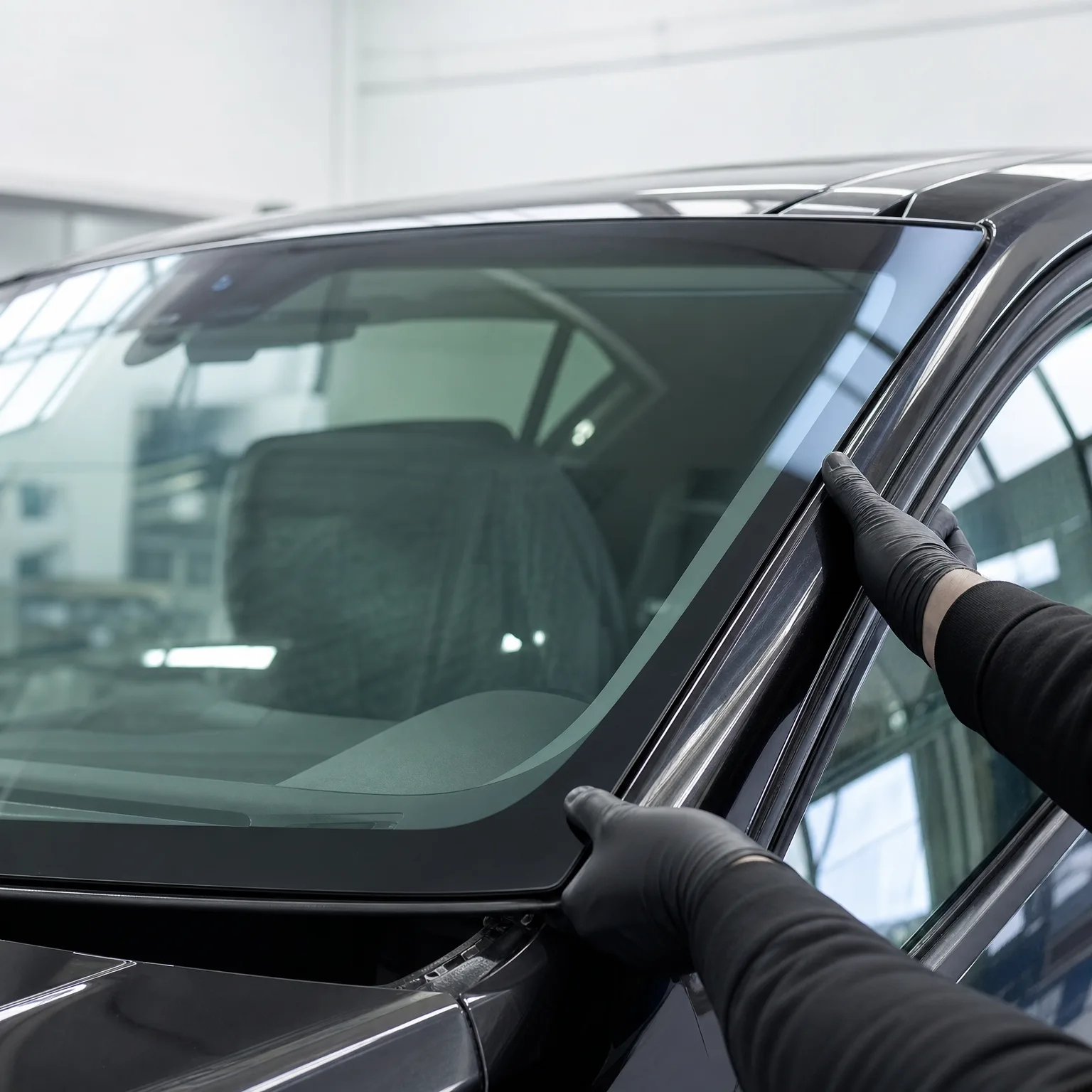 Gloved hands press along the edge of a black car's windshield and A-pillar trim in a bright indoor workshop.