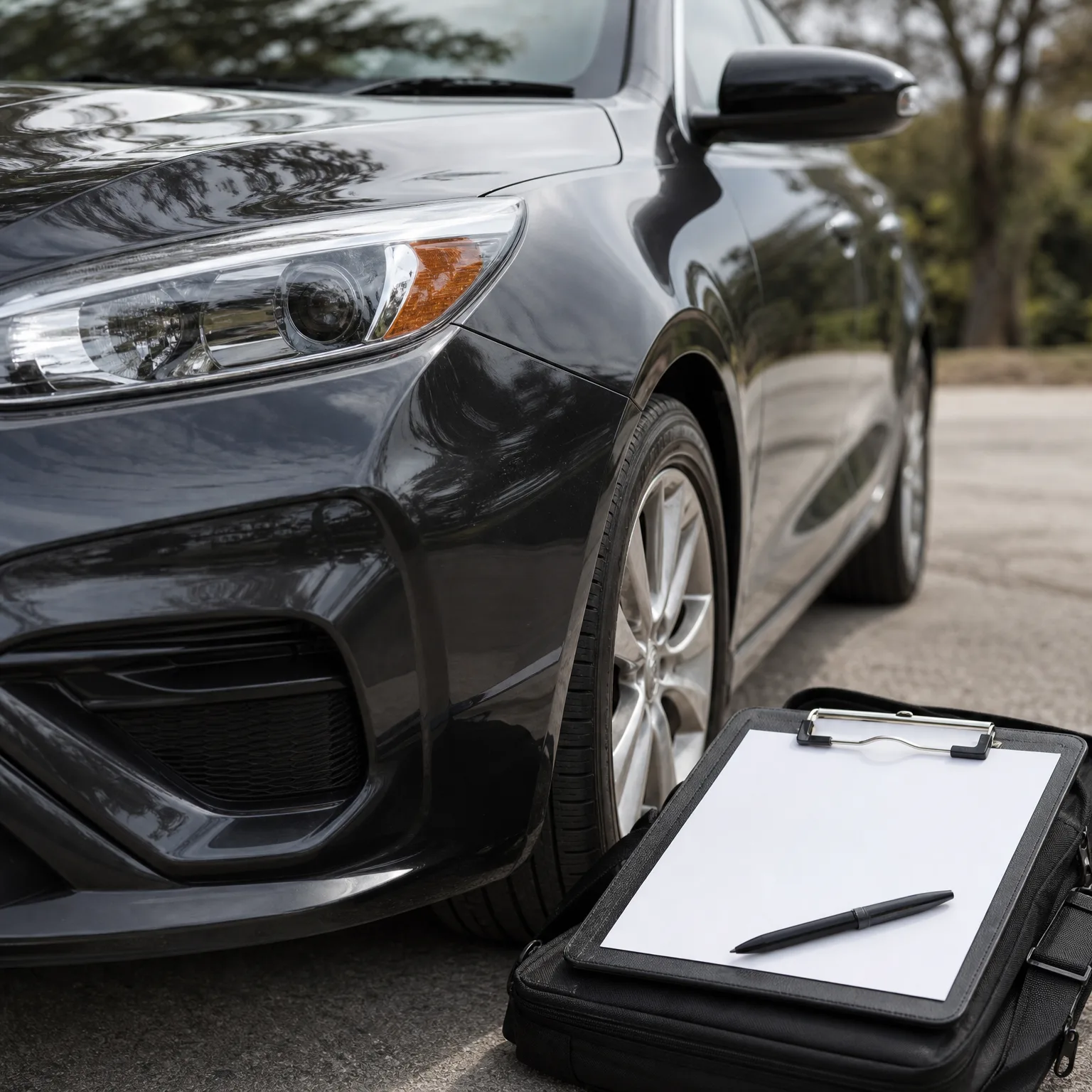 Front corner of a dark gray sedan parked on pavement, with a clipboard holding a blank sheet of paper and a black pen resting on a portfolio case in the foreground.
