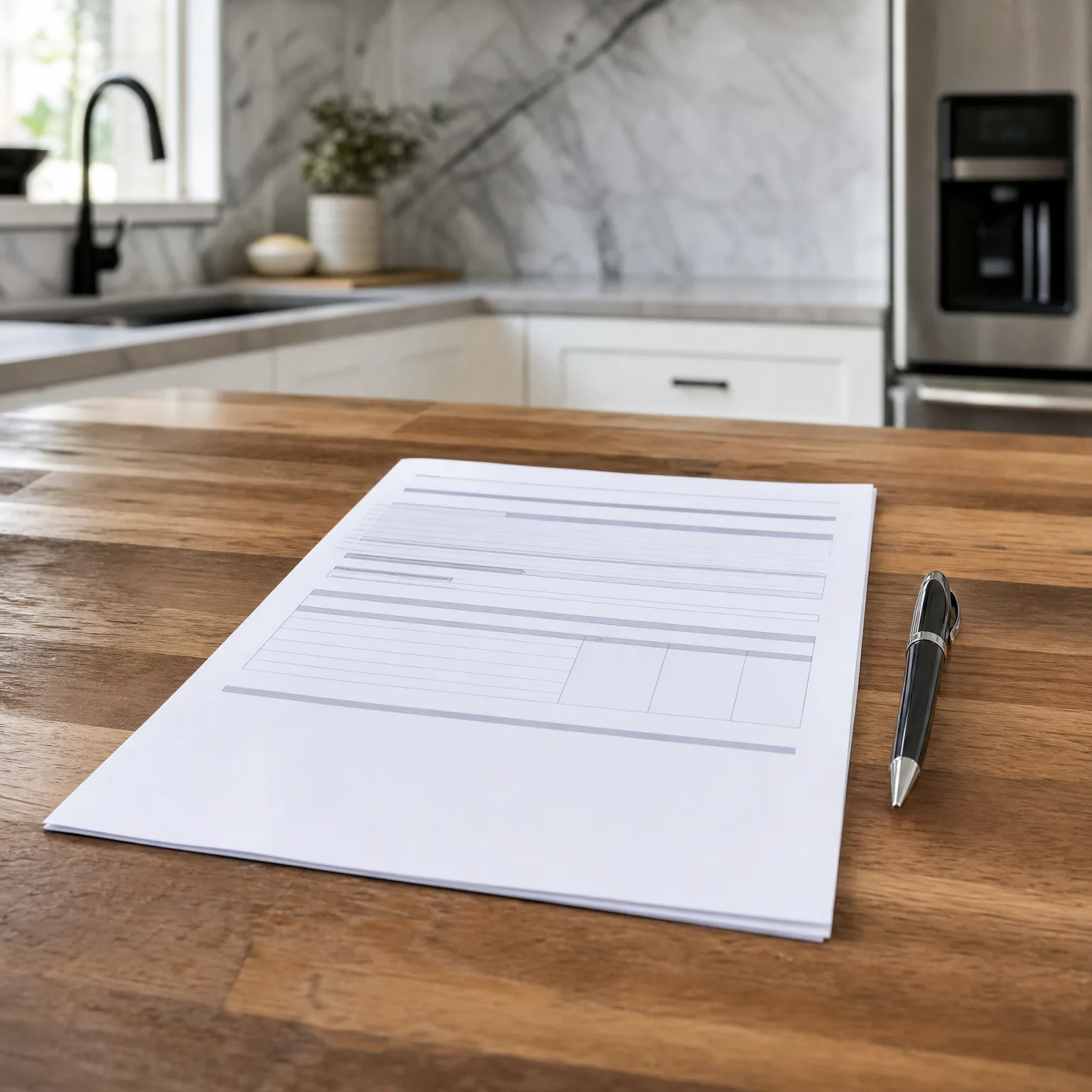 A multi-page printed form with faint gray lines rests beside a black and silver pen on a wooden kitchen counter, with a sink, marble backsplash, white cabinets, and a stainless steel refrigerator blurred in the background.