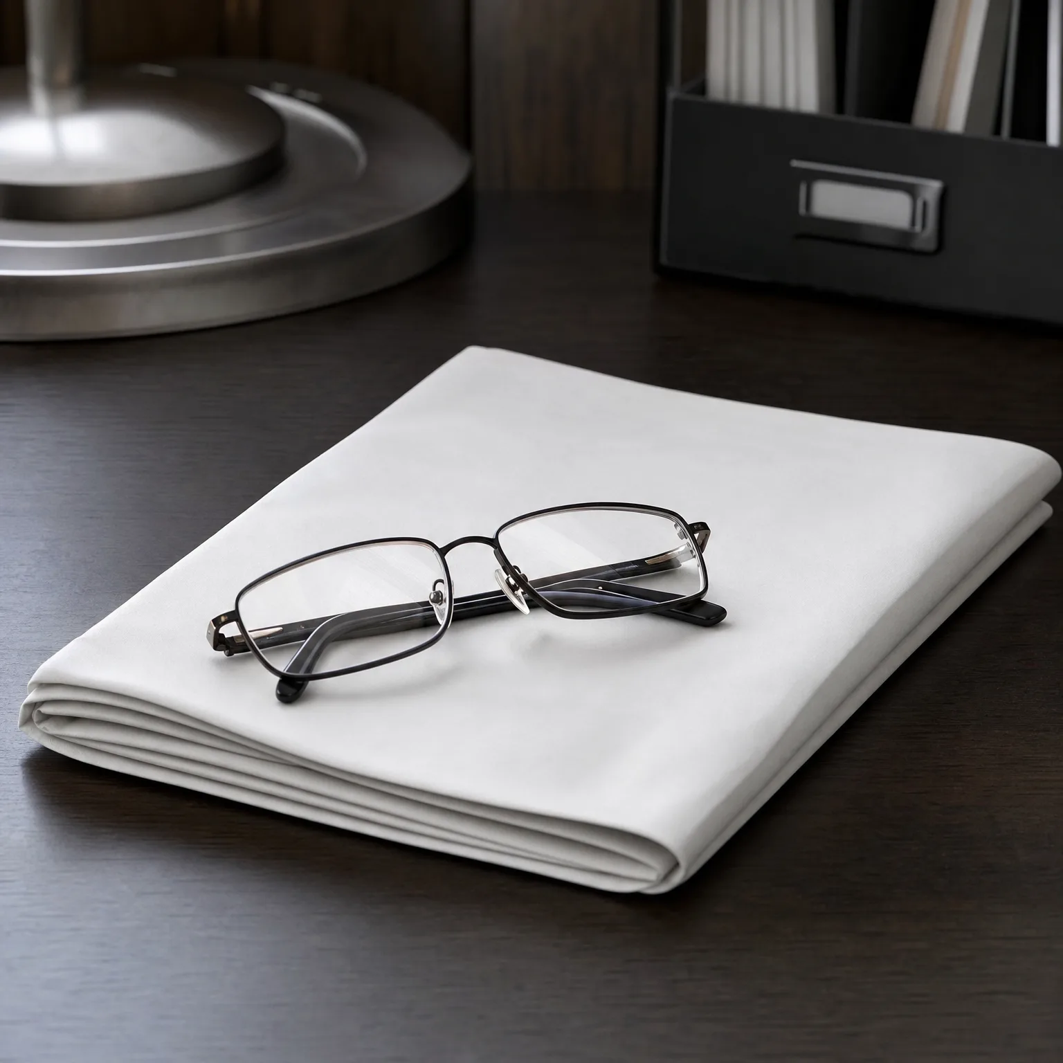 A pair of dark rectangular metal-framed eyeglasses resting on a folded white cloth on a dark wood surface, with a metal lamp base and a dark file holder blurred behind.