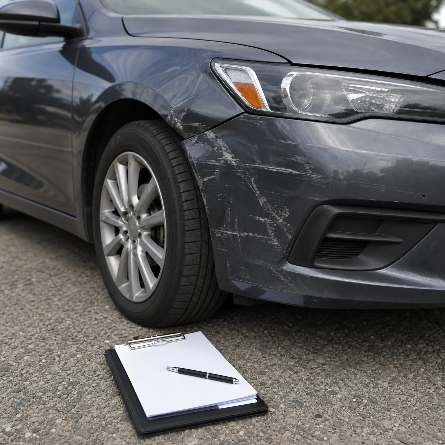 Front left corner of a dark gray car with scratches and scuffs along the fender and bumper, with a clipboard holding blank paper and a pen lying on the asphalt in the foreground.