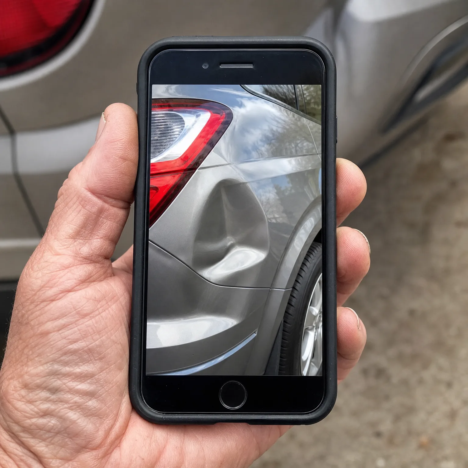 A hand holds a smartphone in a black case displaying a close-up photo of a dent in a silver car's rear quarter panel near the taillight, with a blurred silver vehicle and pavement behind.