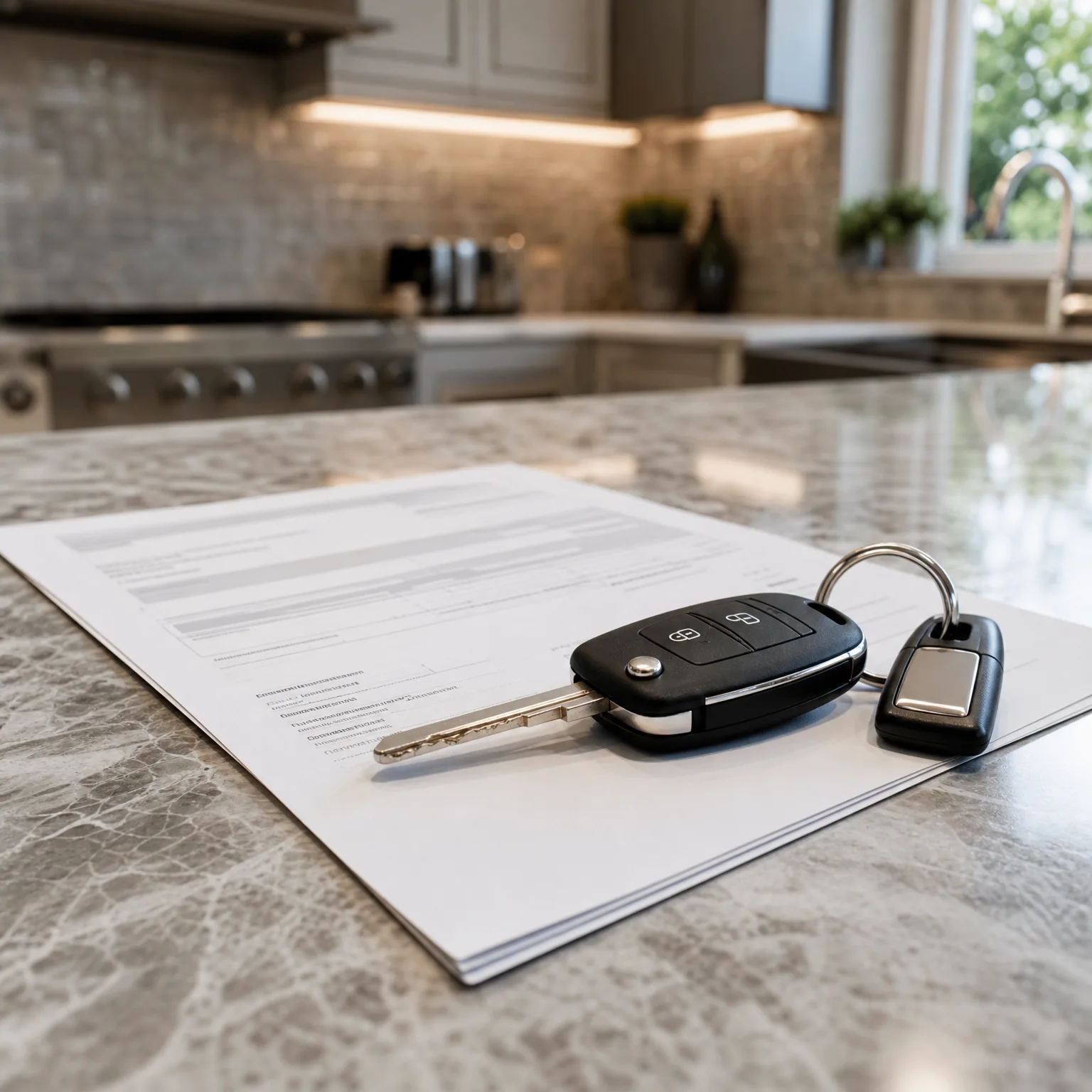 A car key with a black fob and a second fob on a keyring rest on a stack of printed documents on a granite kitchen countertop, with a blurred kitchen and window behind.