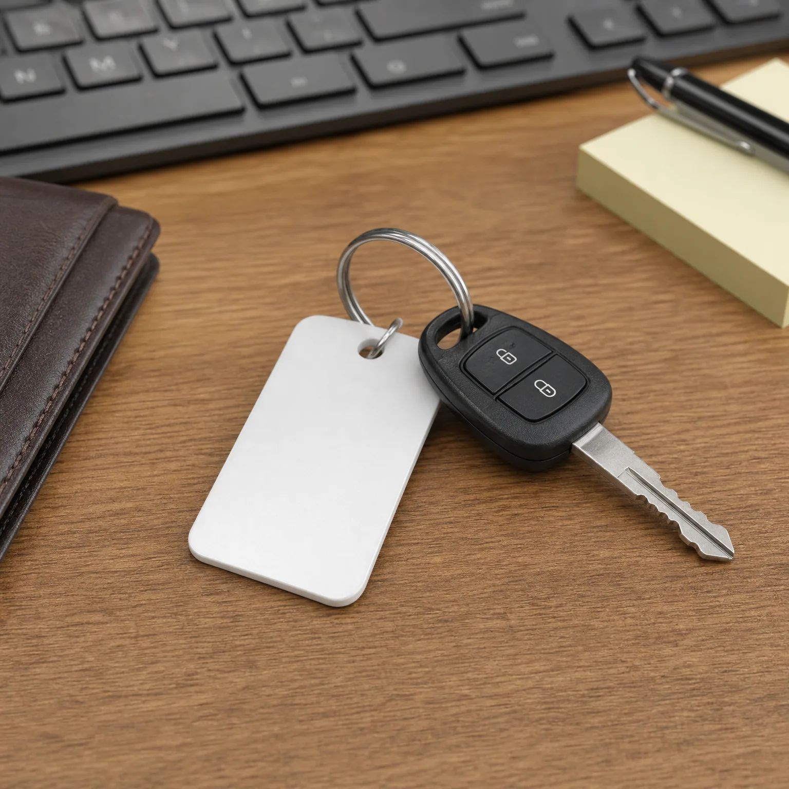 A car key with a black two-button remote head and a blank white rectangular tag on a split ring, lying on a wood desk near a keyboard, pen, notepad and leather wallet.