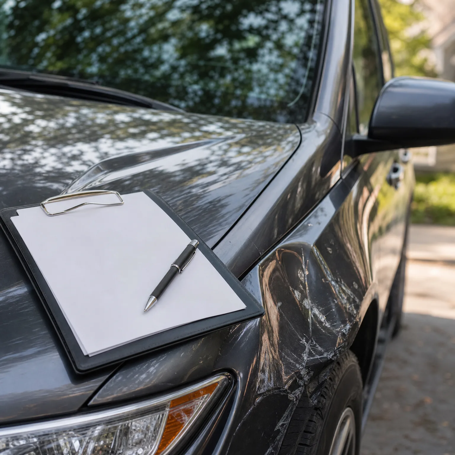 A clipboard with a blank sheet of paper and a pen rests on the hood of a dark gray car that has scratches and scuff marks on its front fender.