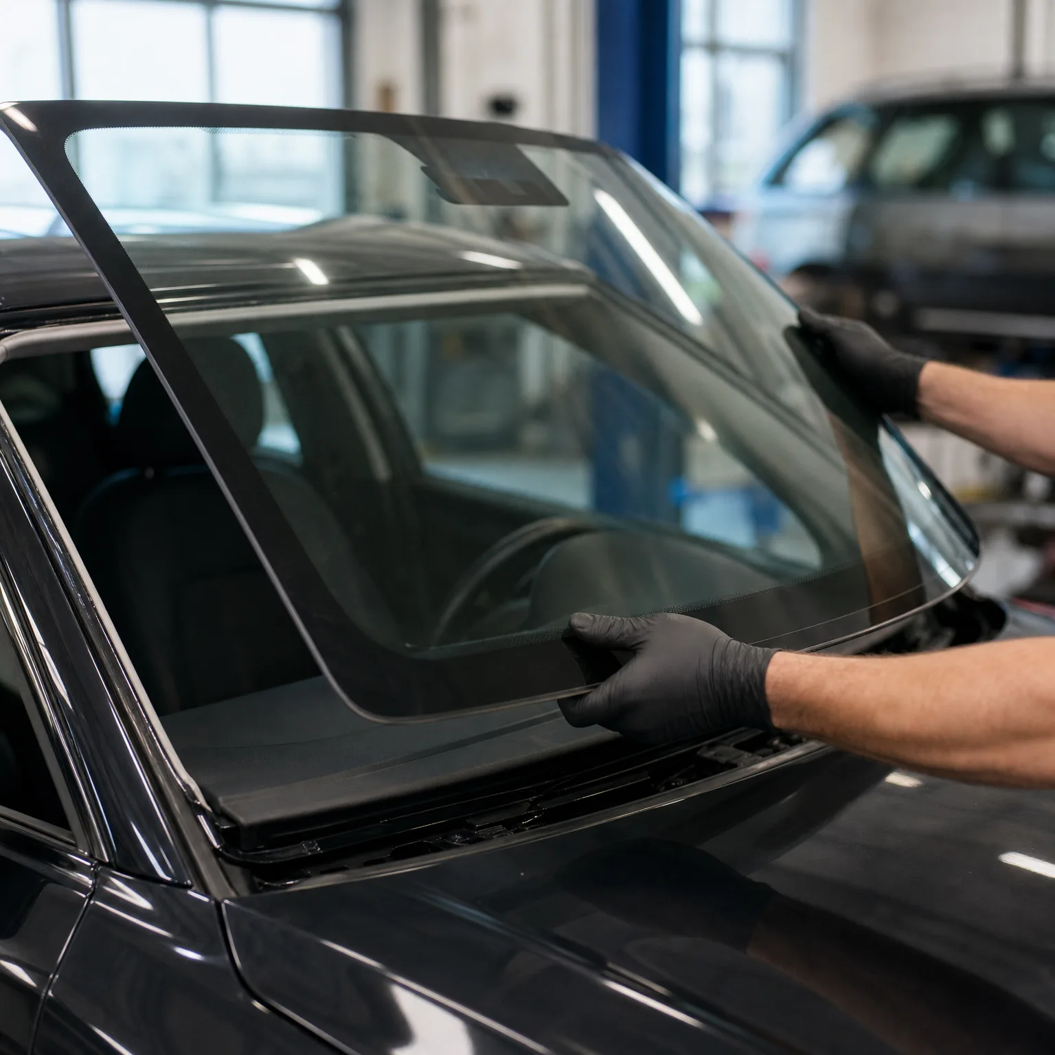 Two gloved hands hold a windshield above the frame of a dark car inside a workshop, with another vehicle blurred in the background.