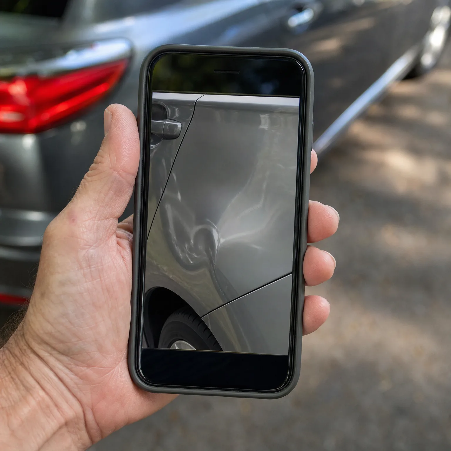A hand holds a smartphone in a dark case displaying a photo of a dented silver car panel, with a blurred silver car and pavement in the background.