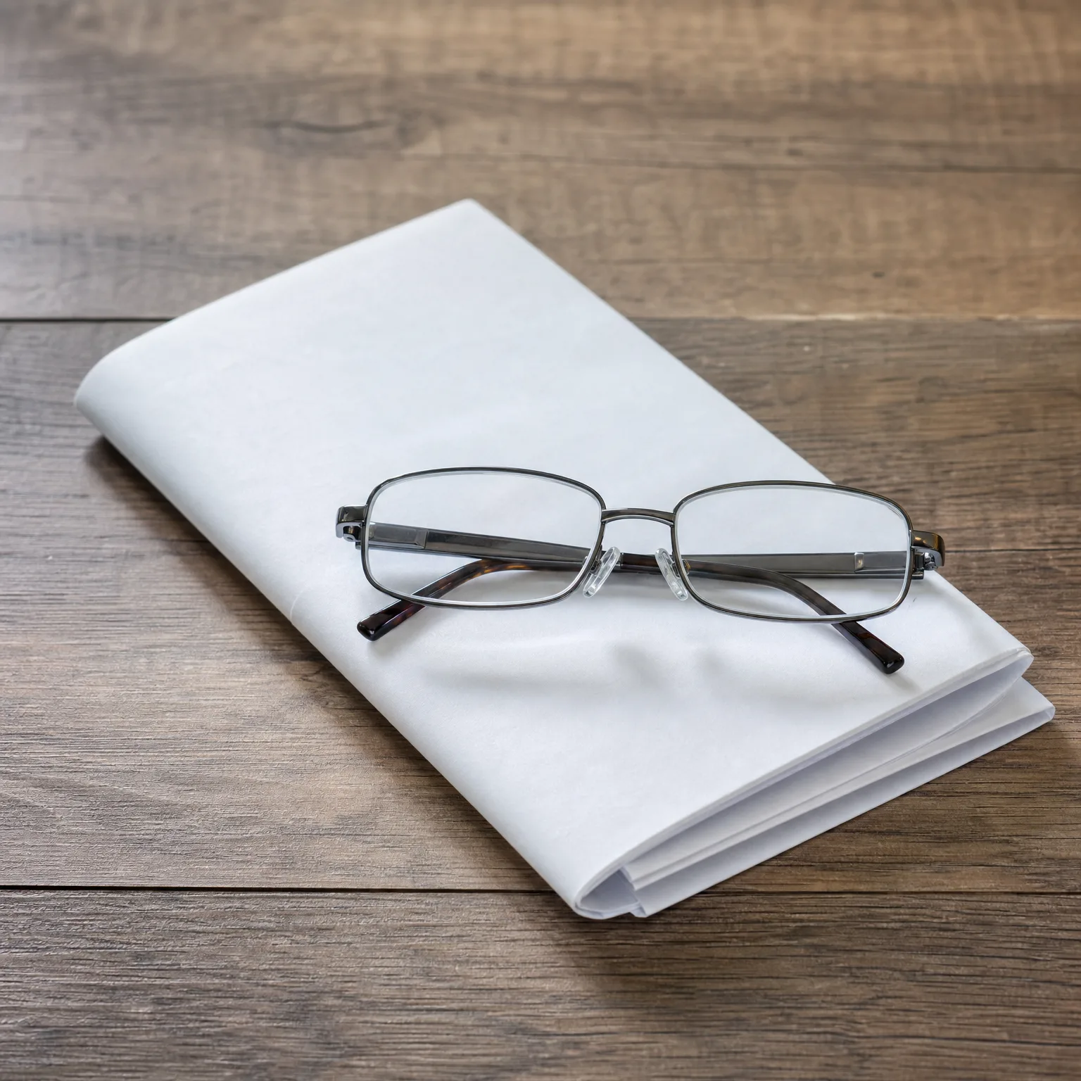 A pair of metal-framed eyeglasses resting on a folded white cloth or blank newspaper on a weathered wooden surface.