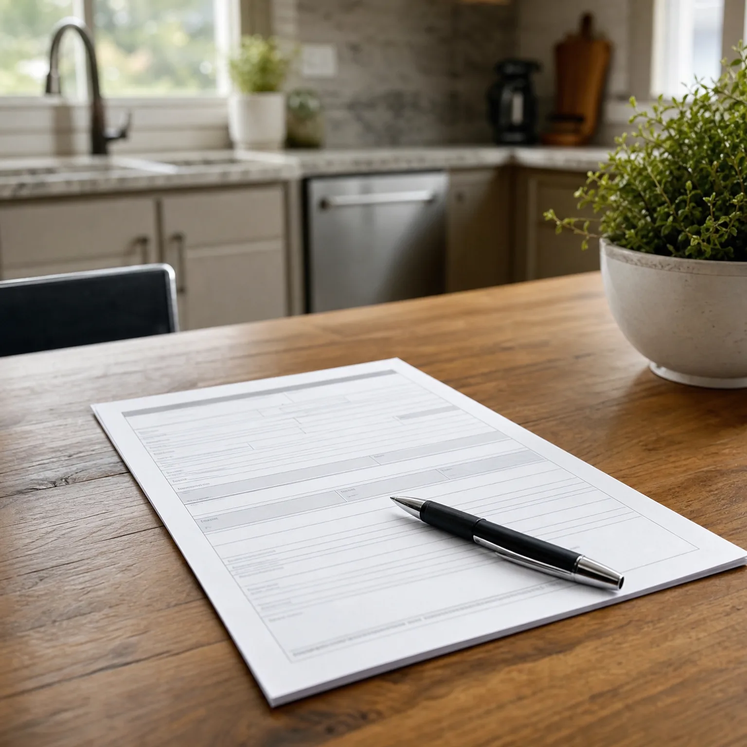 A blank printed form on a wooden table with a black and silver pen resting on it, with a kitchen counter, dishwasher, sink and potted plant blurred in the background.