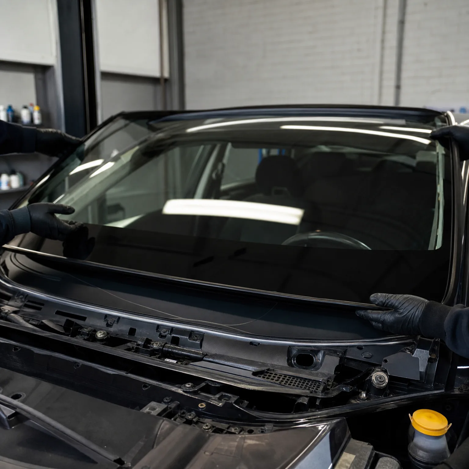 Two gloved hands position a windshield onto the front frame of a black car in a workshop with a painted brick wall in the background.