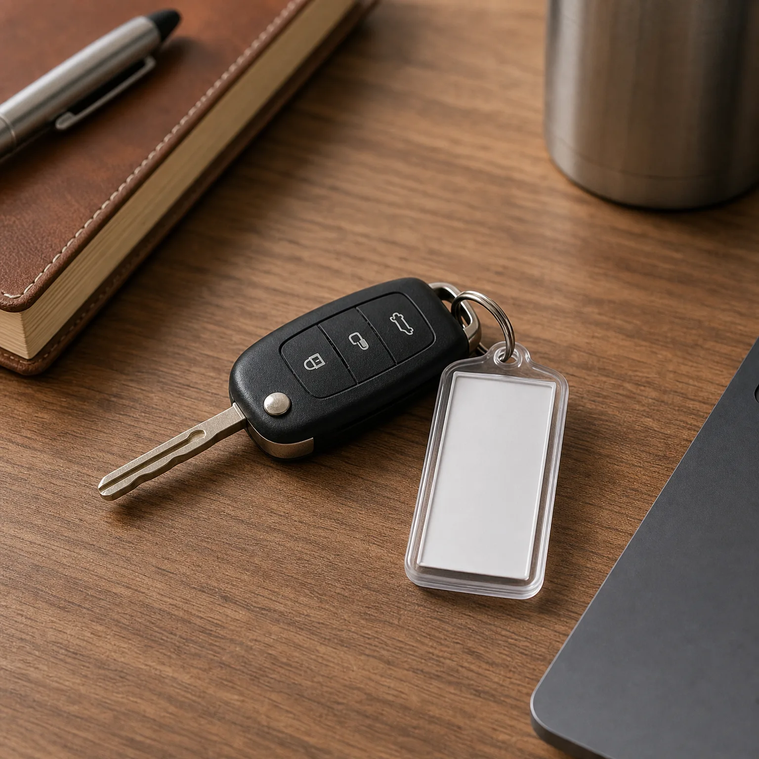 A black flip-style car key with three buttons and a blank white keychain tag rests on a wooden desk near a leather notebook with a pen, a metal tumbler, and a dark laptop edge.