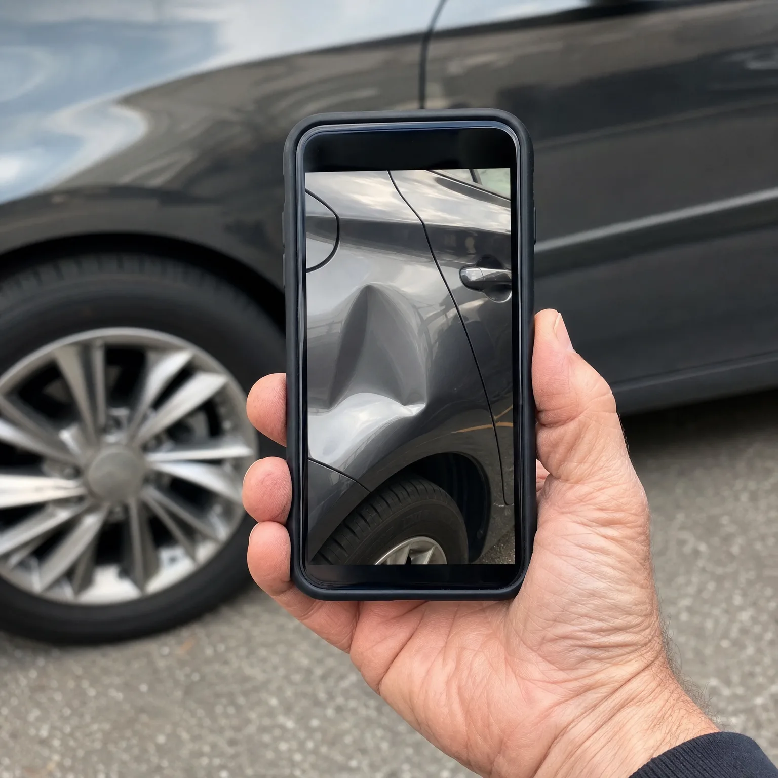 A hand holds a smartphone in a black case showing a close-up photo of a dented car body panel, in front of a dark car's wheel and door on pavement.