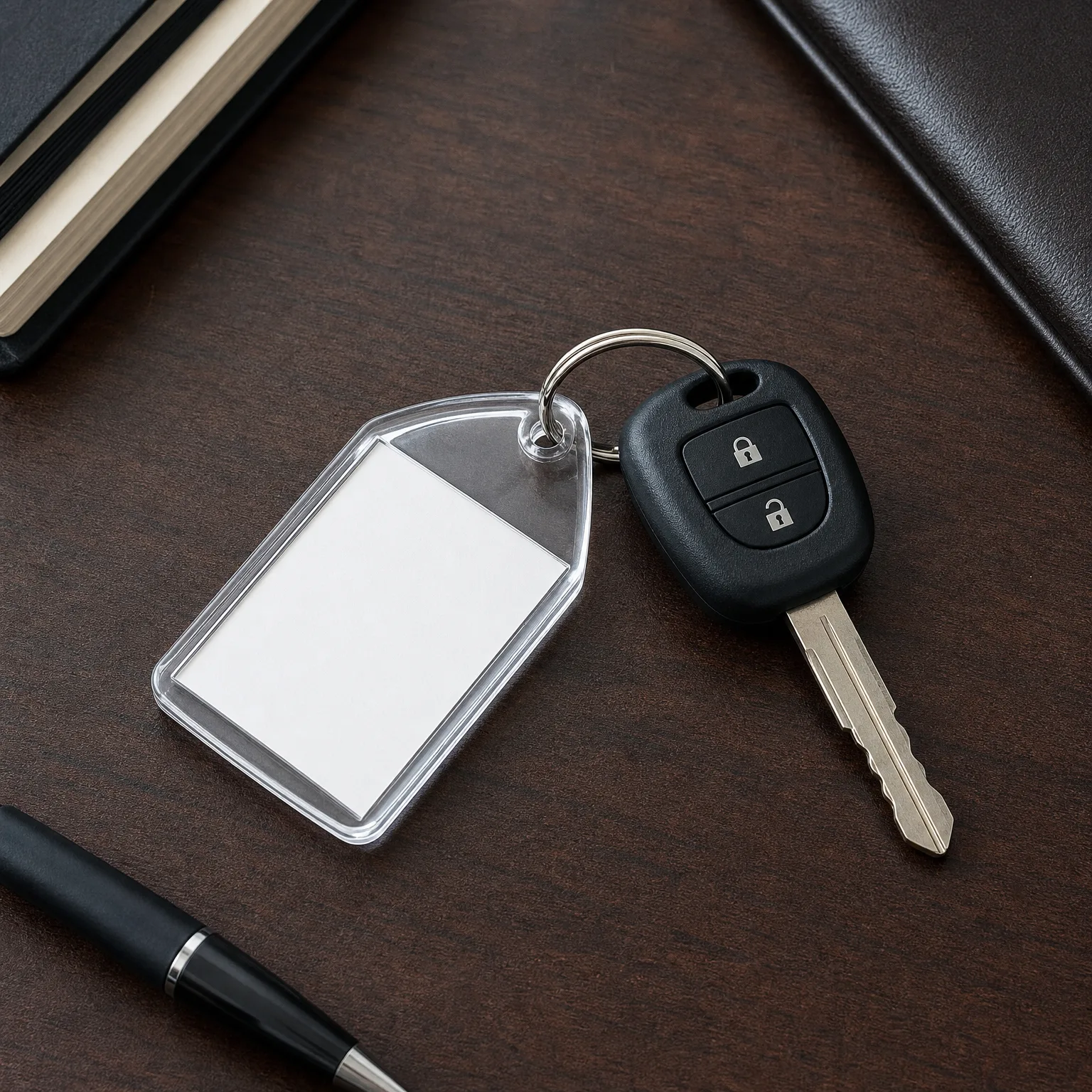 A car key with a two-button black remote fob attached by a split ring to a blank clear plastic keychain tag, resting on a dark wood surface beside a black notebook and a pen.