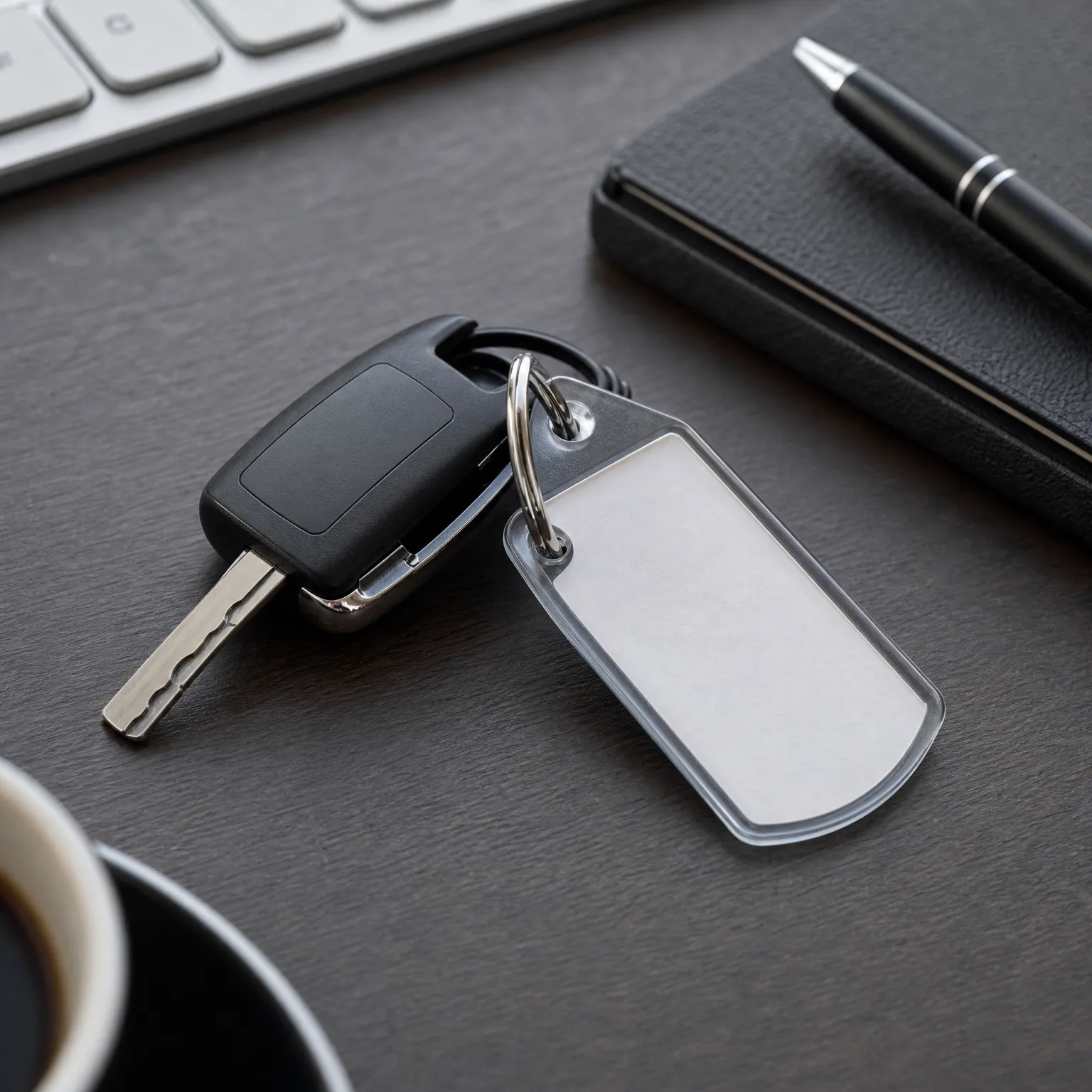 A car key with a blank white keychain tag rests on a dark desk beside a keyboard, a black notebook with a pen, and a cup of coffee.
