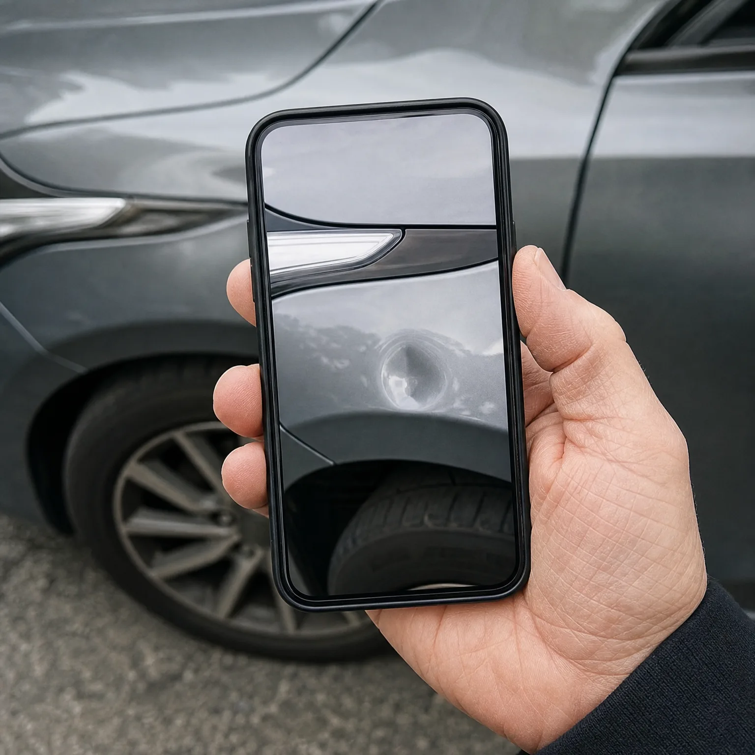A hand holds a smartphone in front of a gray car's front fender, with the phone screen showing a close-up of a round dent in the panel.