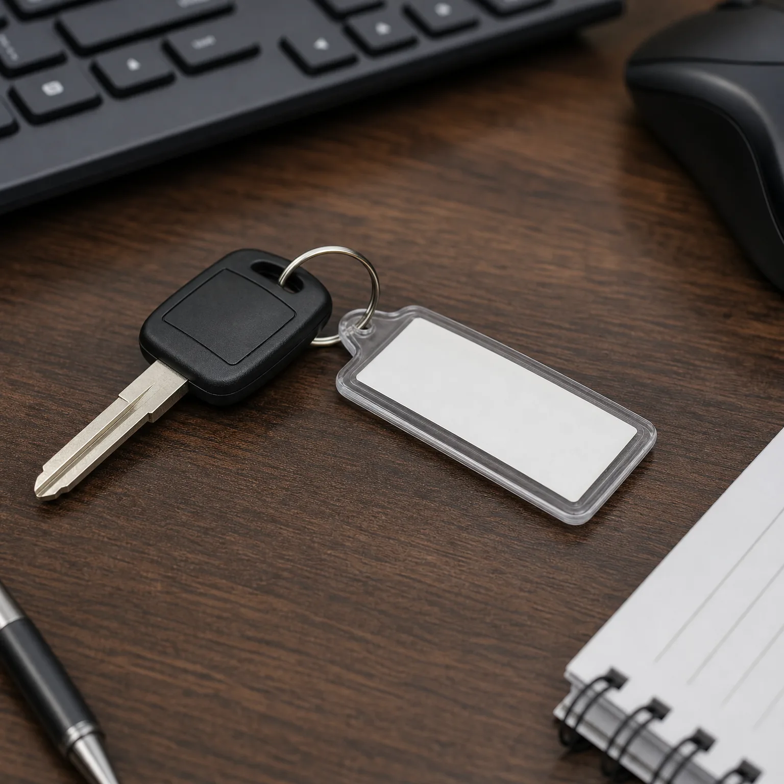A car key with a blank white rectangular plastic keyring tag lies on a dark wood desk beside a black keyboard, a mouse, a pen, and a spiral notebook.