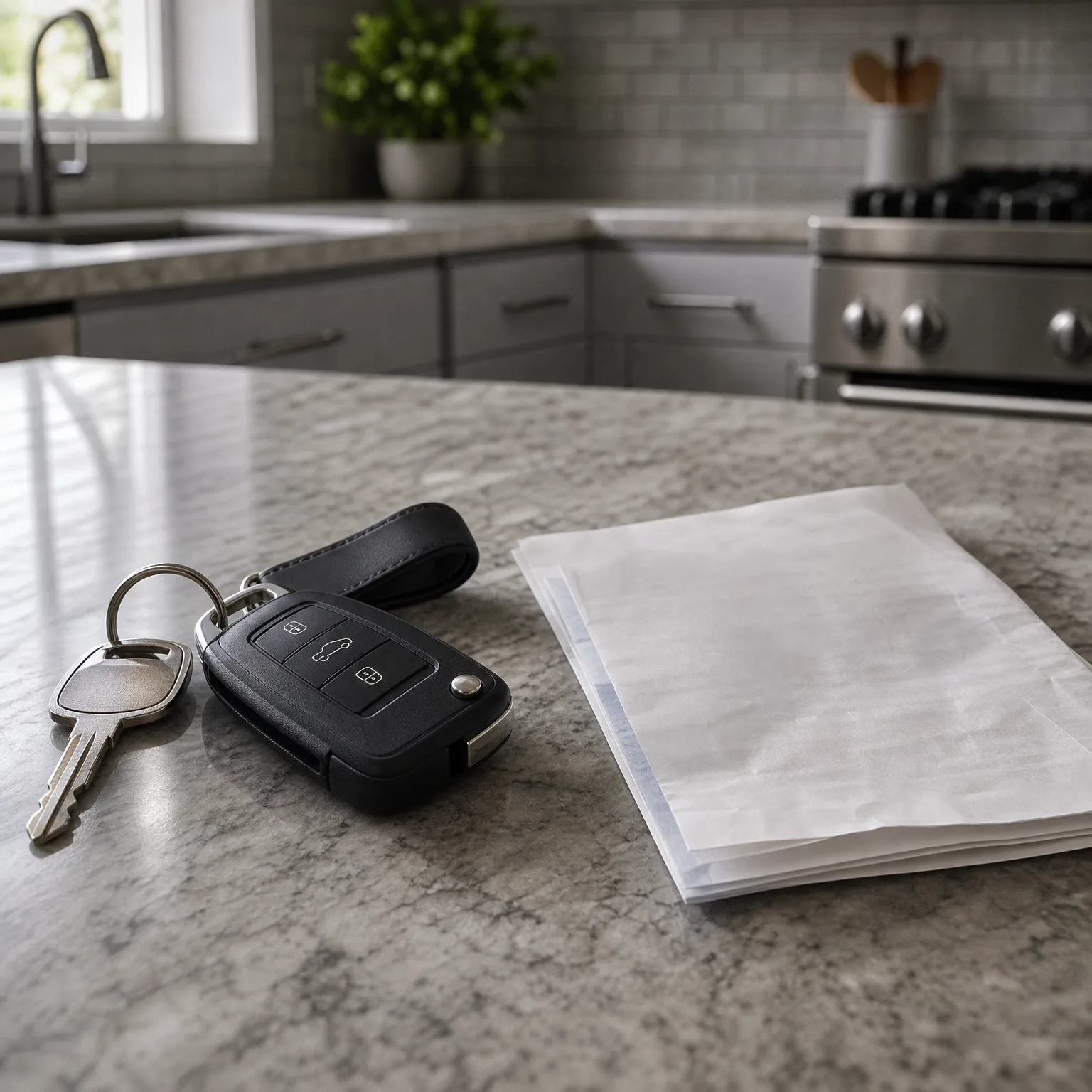 A black car key fob with a leather strap and a metal key on a ring rests on a granite countertop beside a stack of blank white papers, with blurred kitchen cabinets and a stainless steel range behind.