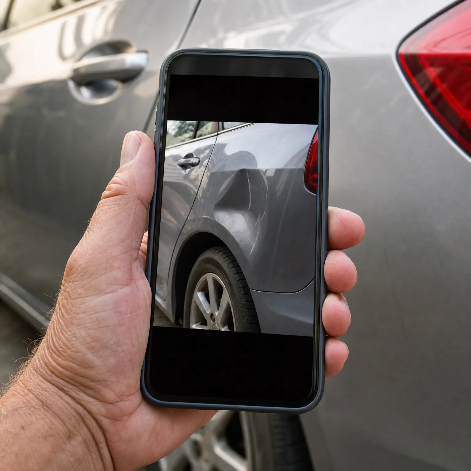 A hand holds a smartphone displaying a photo of a dented silver car rear quarter panel, in front of the same car's side panel.