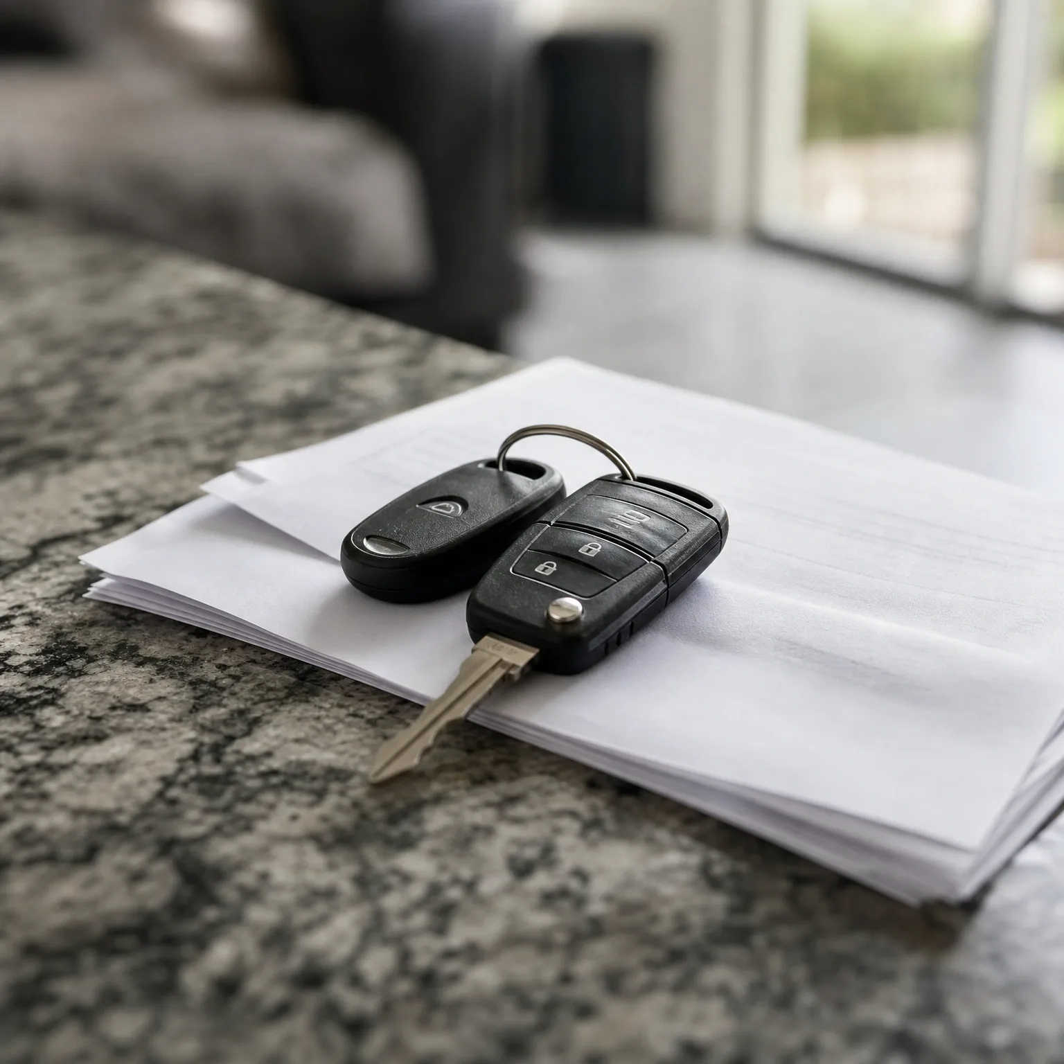 Two black car key fobs on a key ring resting on a stack of white papers on a speckled granite countertop, with a blurred interior and window in the background.