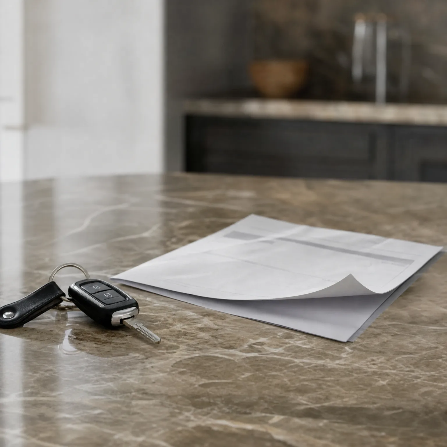 A car key with a black leather fob and keyring lies on a polished brown marble countertop beside a stack of white papers with a curled corner, with a blurred dark cabinet and bowl in the background.