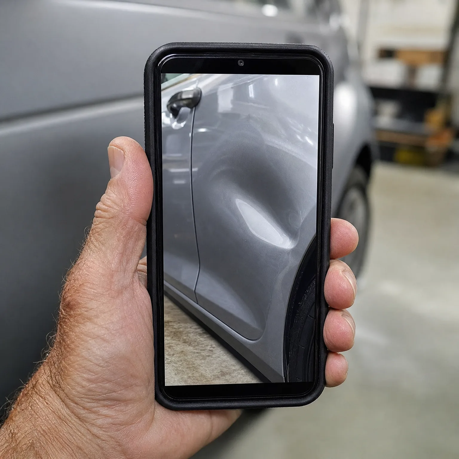 A hand holds a black-cased smartphone displaying a close-up photo of a dent on a gray vehicle's door panel, with the same gray vehicle parked in a garage in the background.