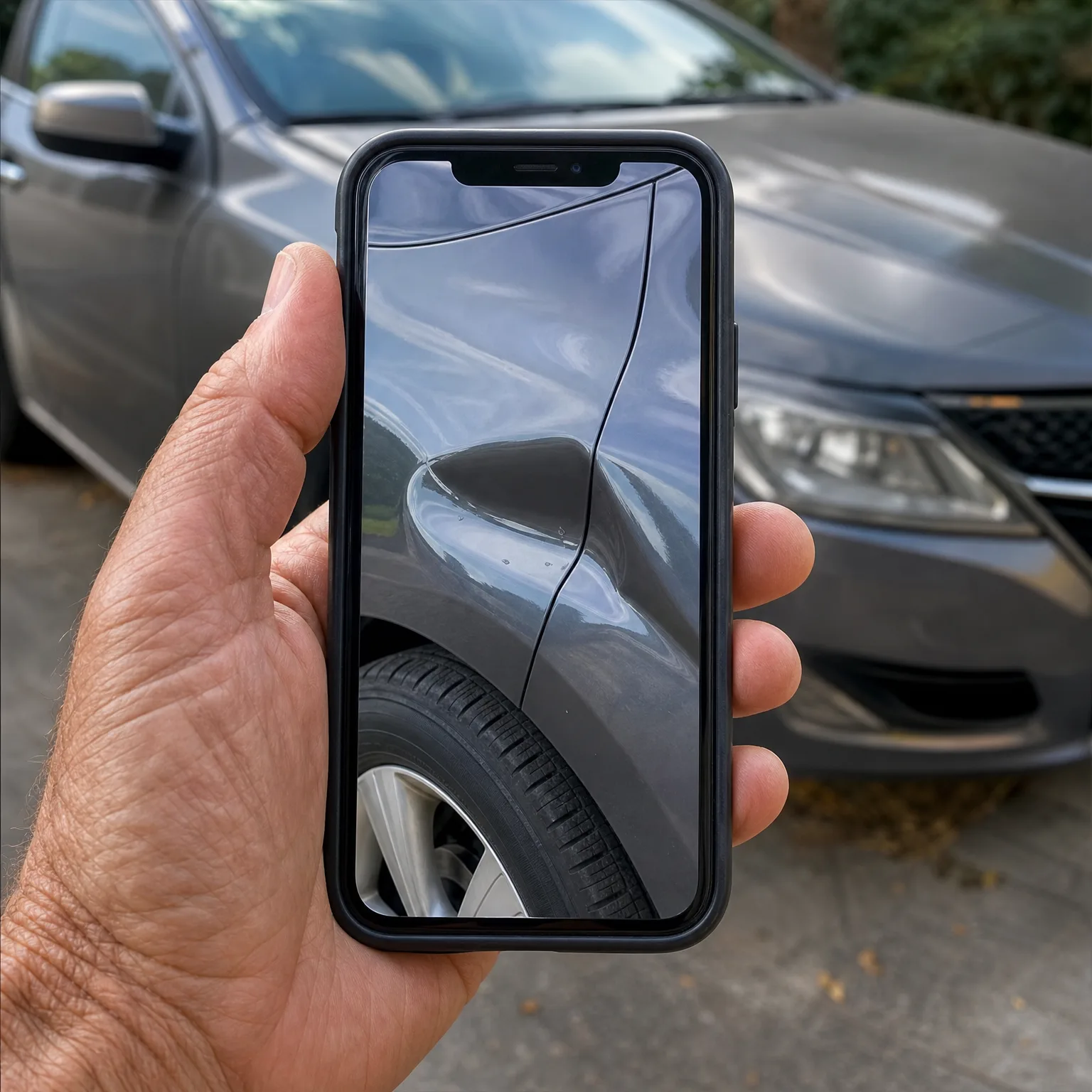 A hand holds a smartphone in a black case displaying a close-up photo of a dark gray car's front fender and wheel, with a dark gray car parked on pavement in the blurred background.