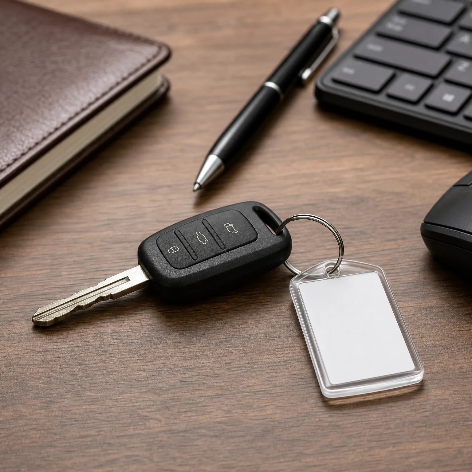 A car key with a three-button remote fob and a blank clear plastic keyring tag resting on a wooden desk, with a pen, keyboard, mouse and leather notebook nearby.