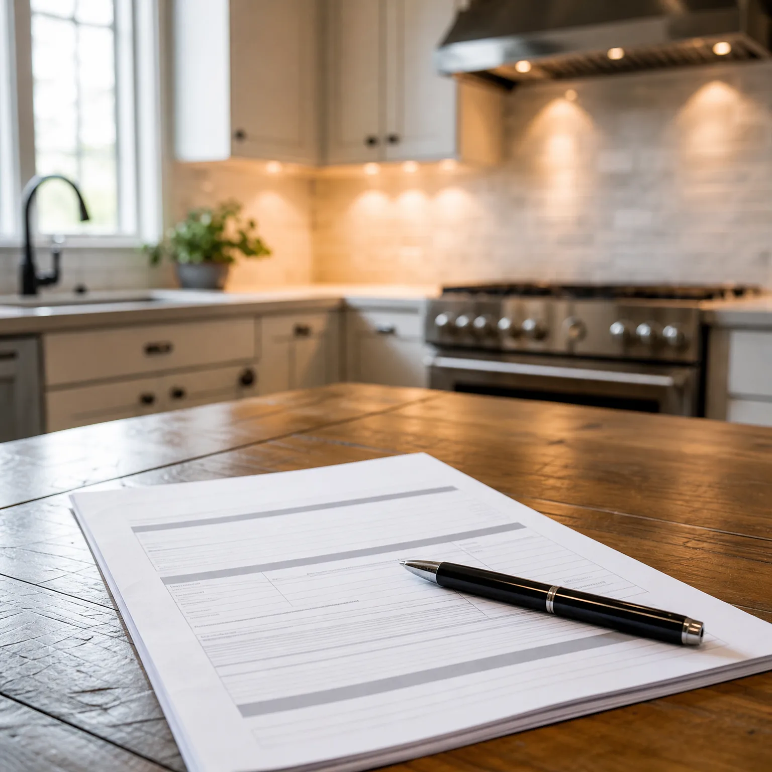 A multi-page printed form with blank fields and a black pen resting on a wooden table, with a blurred kitchen featuring a range, hood, sink and cabinets in the background.