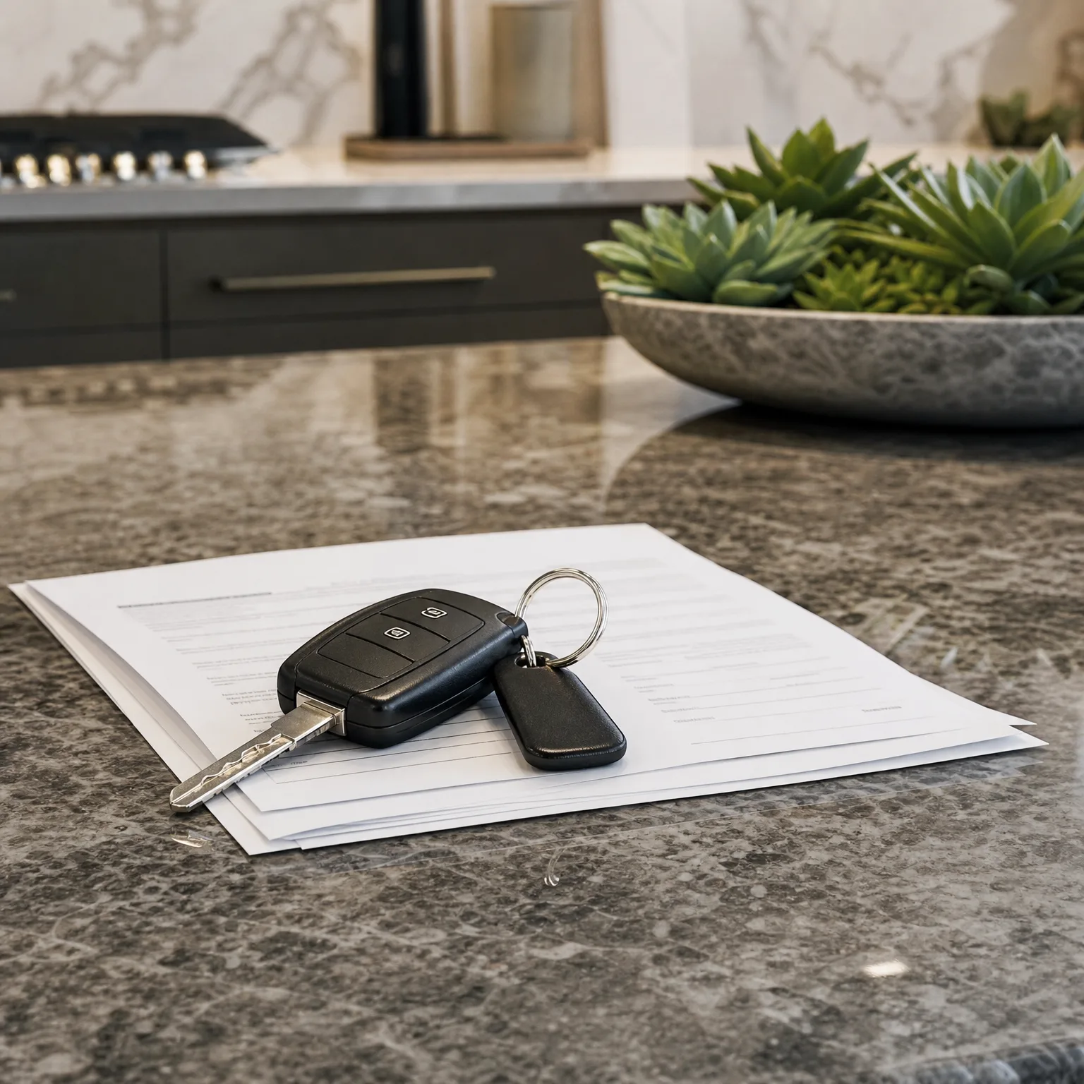 A black flip key with a leather fob rests on a stack of printed documents on a speckled granite countertop, with a bowl of succulents and dark cabinetry blurred in the background.