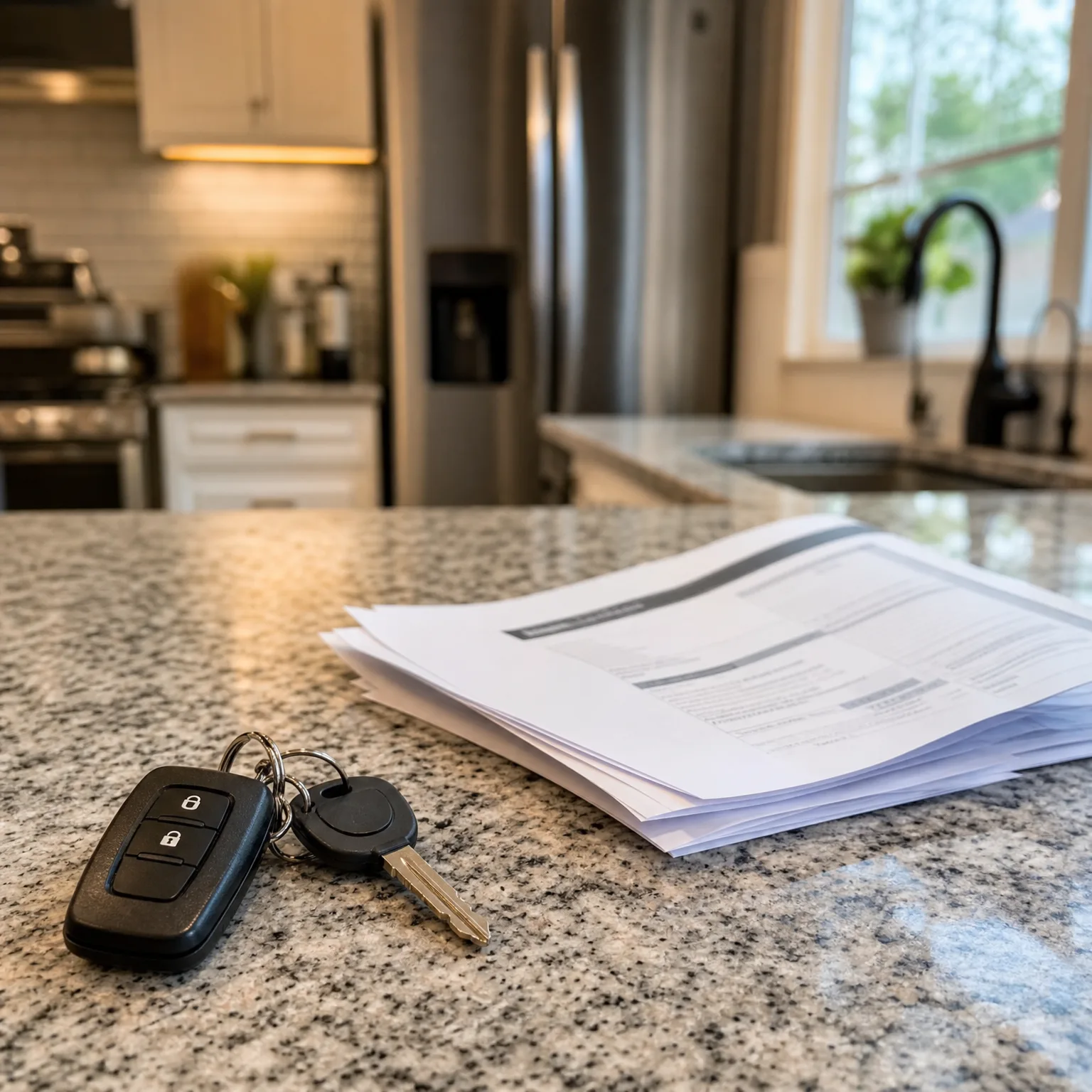 A car key fob with a metal key on a ring rests on a granite countertop beside a stack of printed documents, with a blurred kitchen and window behind.