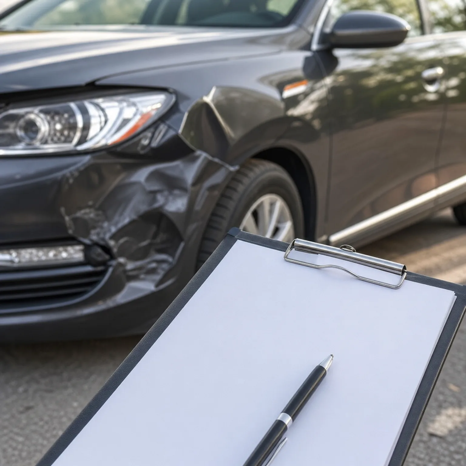 A clipboard with a blank sheet of paper and a pen held in the foreground in front of a dark gray car with a dented front fender and damaged bumper.