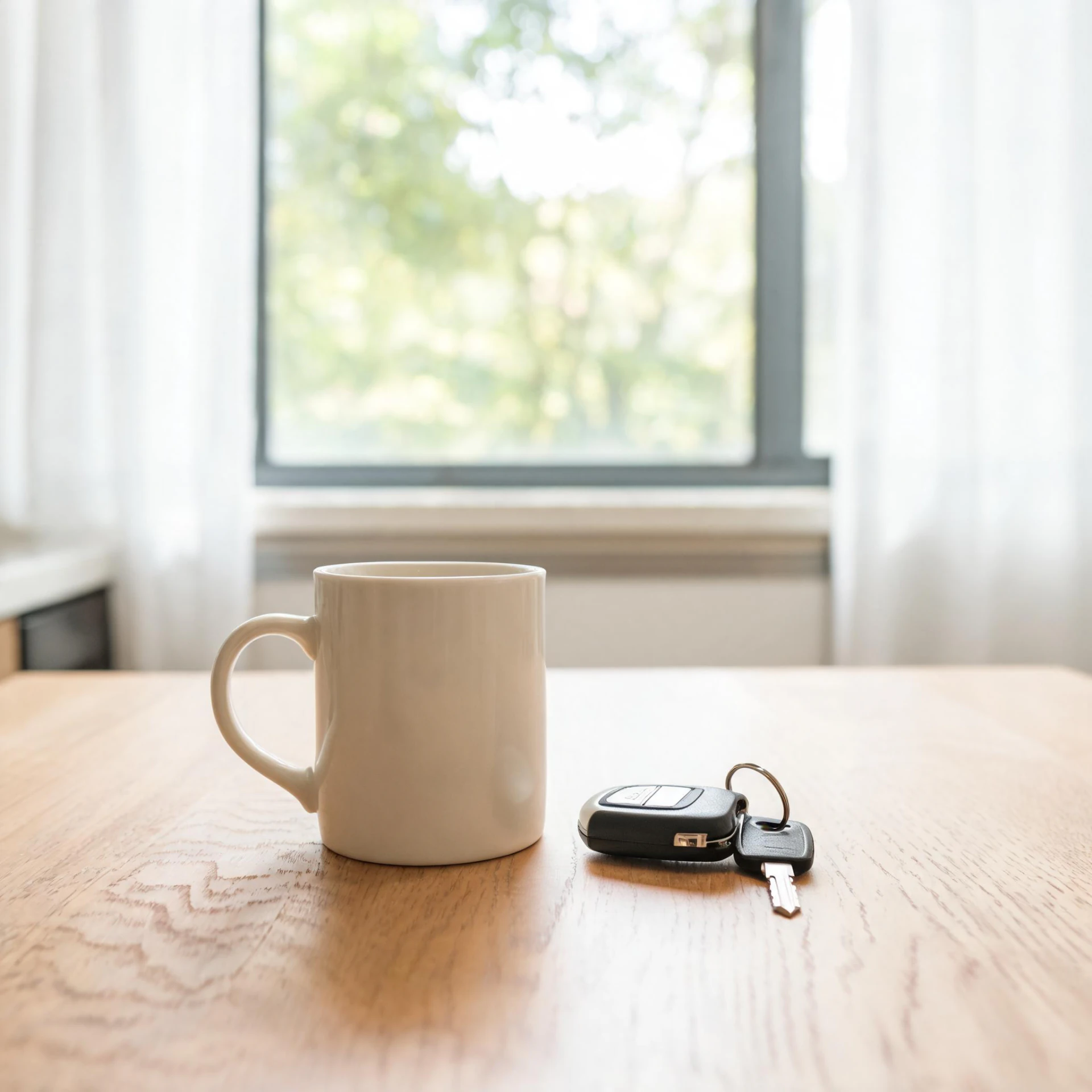 A white ceramic mug and a car key fob with a metal key resting on a light wooden table in front of a curtained window.