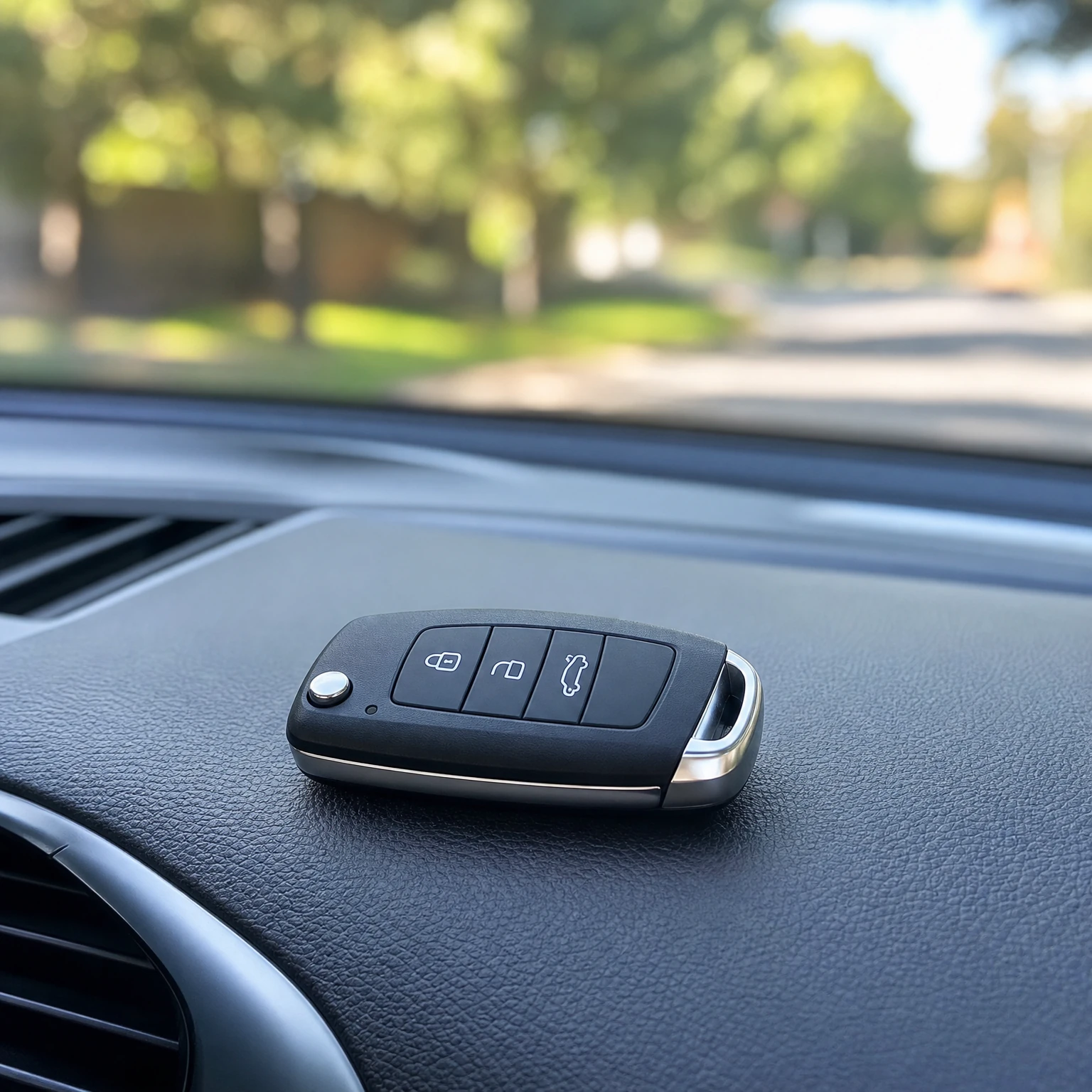 A black three-button car key fob with silver trim resting on a vehicle dashboard.