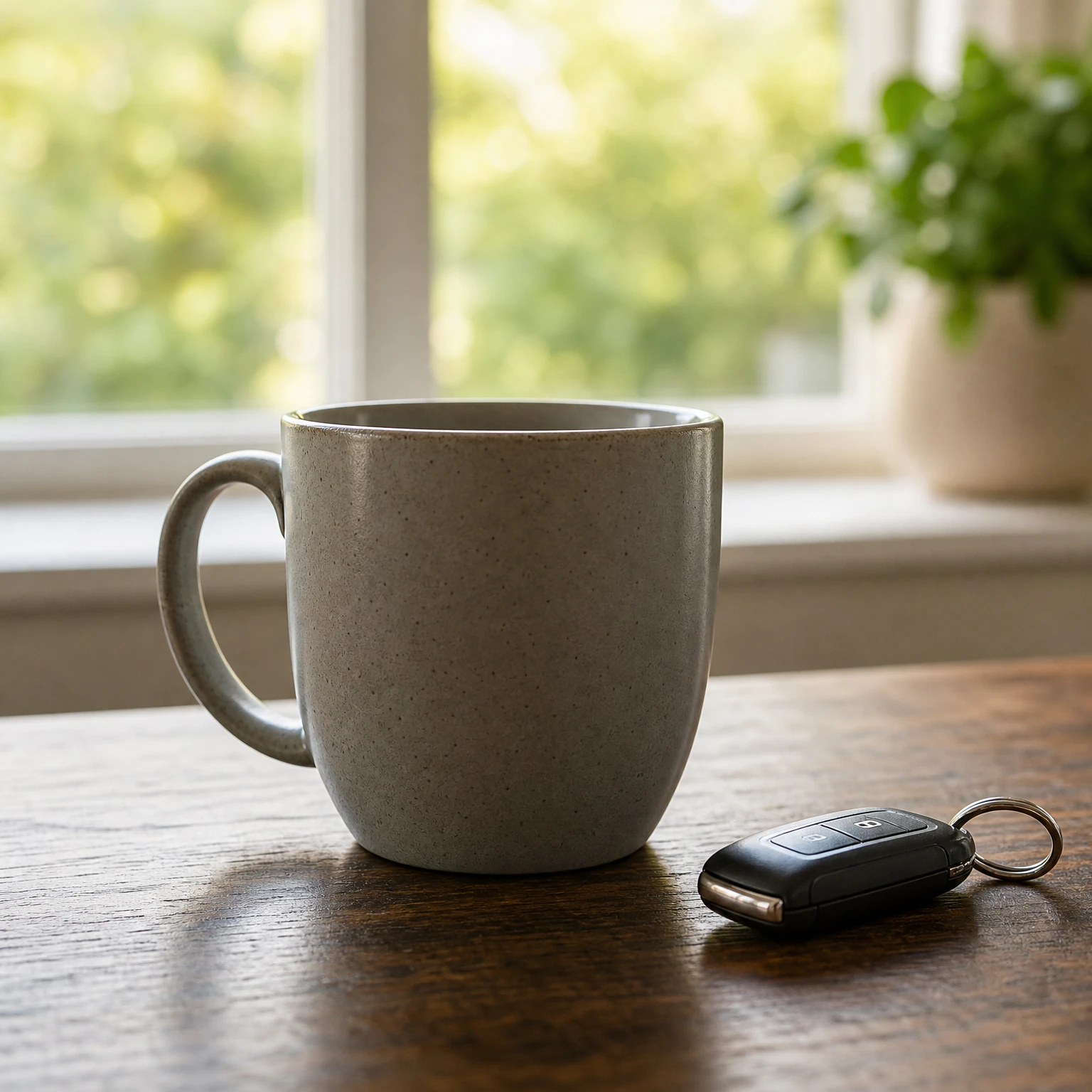 A gray speckled ceramic mug and a black car key fob rest on a dark wooden table in front of a sunlit window.