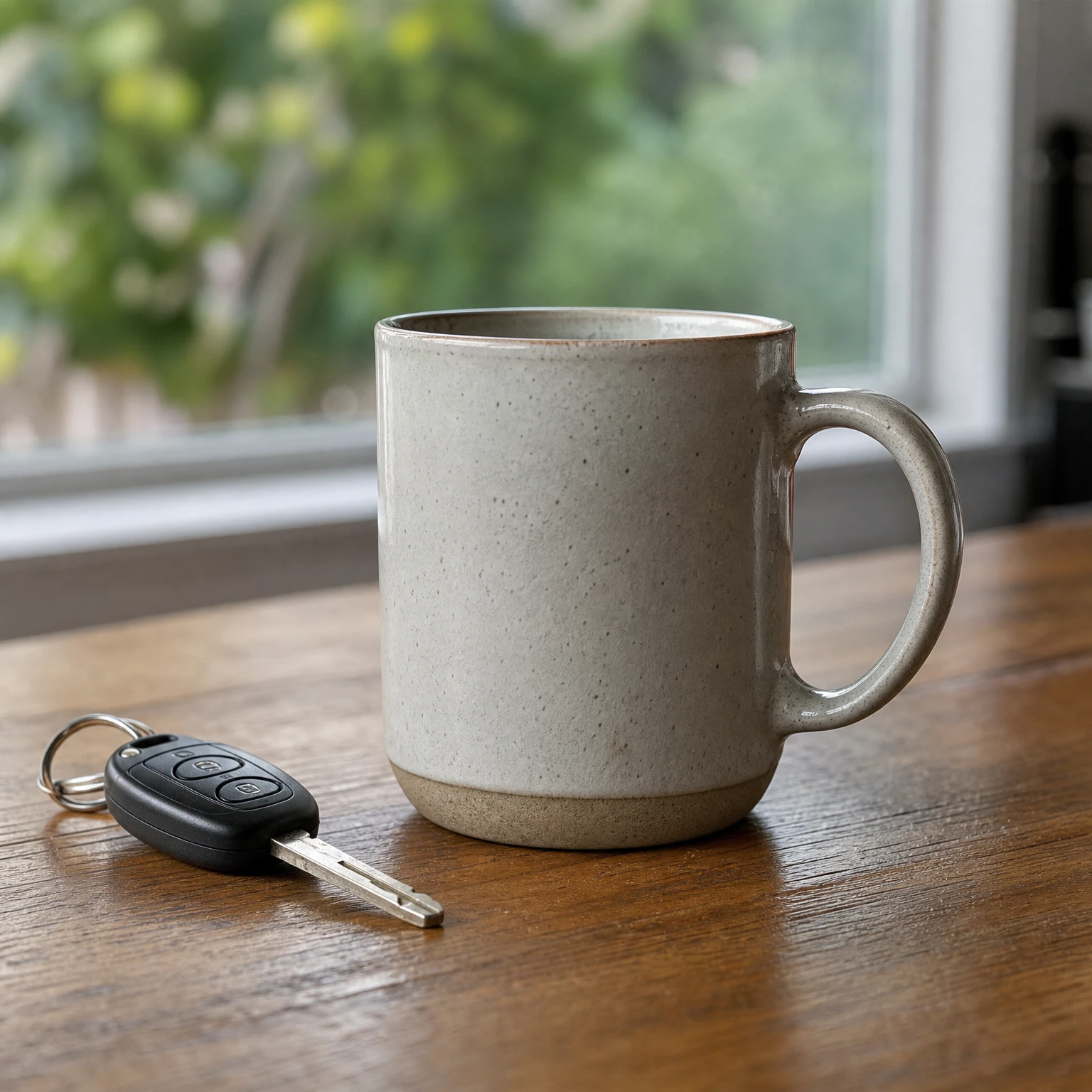 A grey speckled ceramic mug and a car key resting on a wooden table in front of a window.