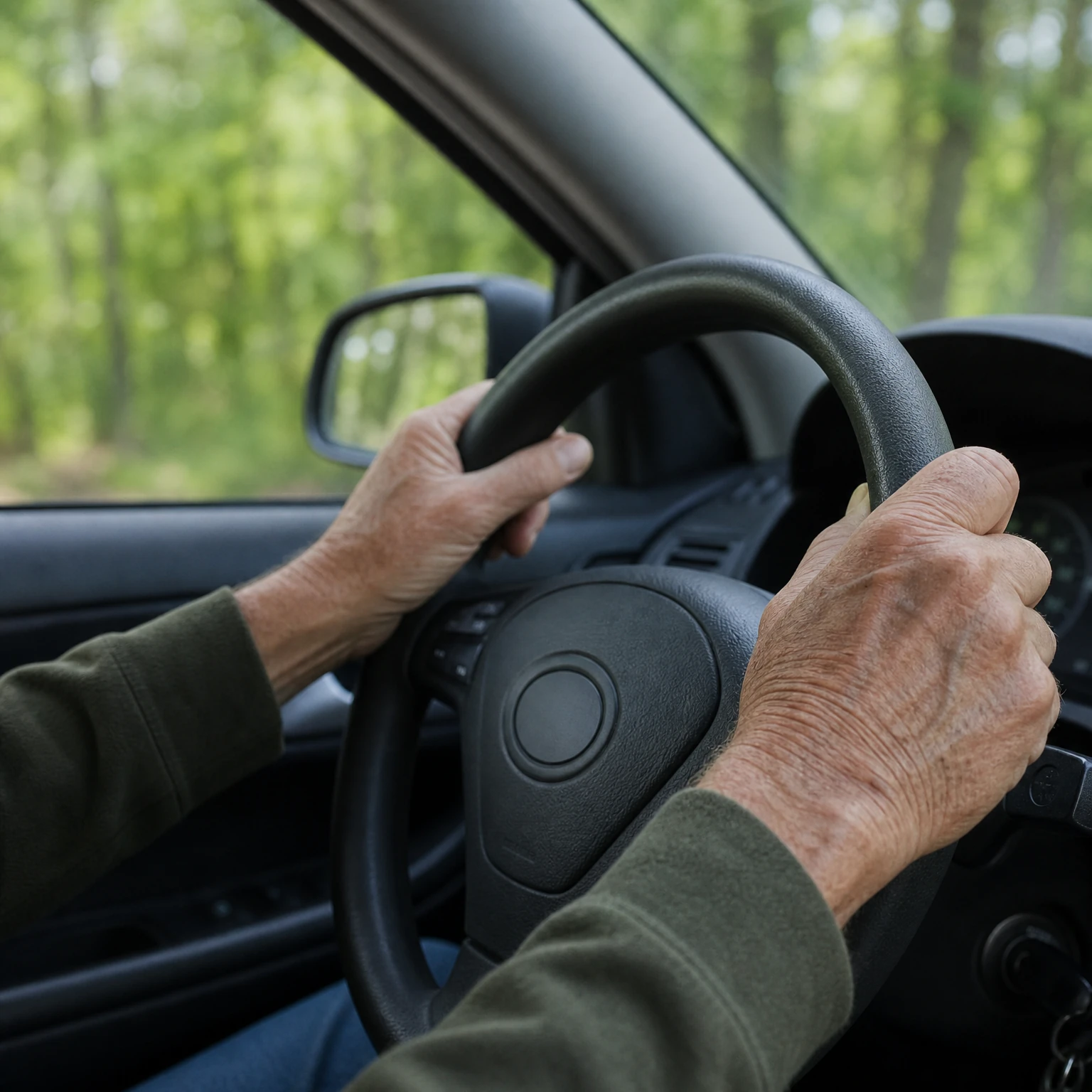 Close-up of an elderly person's hands gripping a black steering wheel while driving through a tree-lined road.