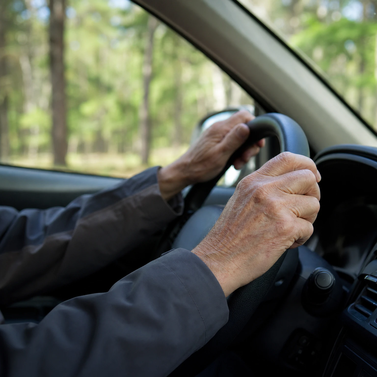 An elderly person's wrinkled hands grip a black steering wheel inside a car driving through a forest.