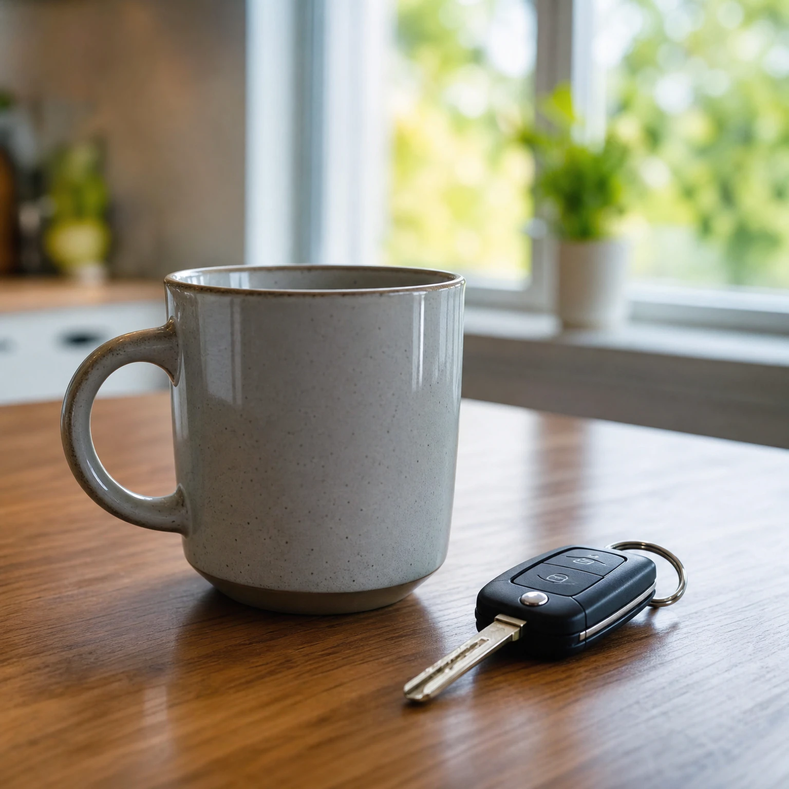 A grey speckled ceramic mug and a car key fob resting on a wooden kitchen counter.