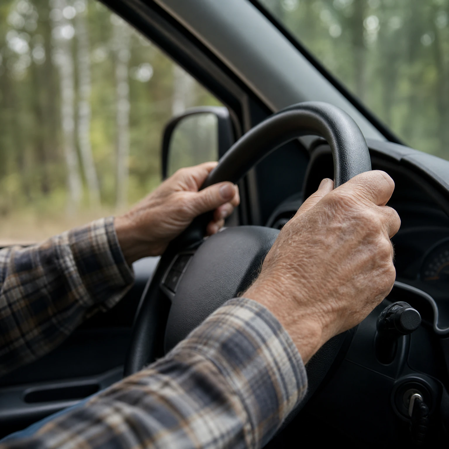 An older person's hands grip a black steering wheel while driving through a forested area.