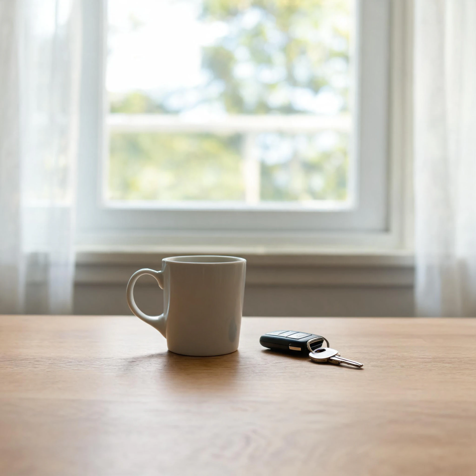 A white ceramic mug and a car key fob resting on a wooden table in front of a sunlit window.