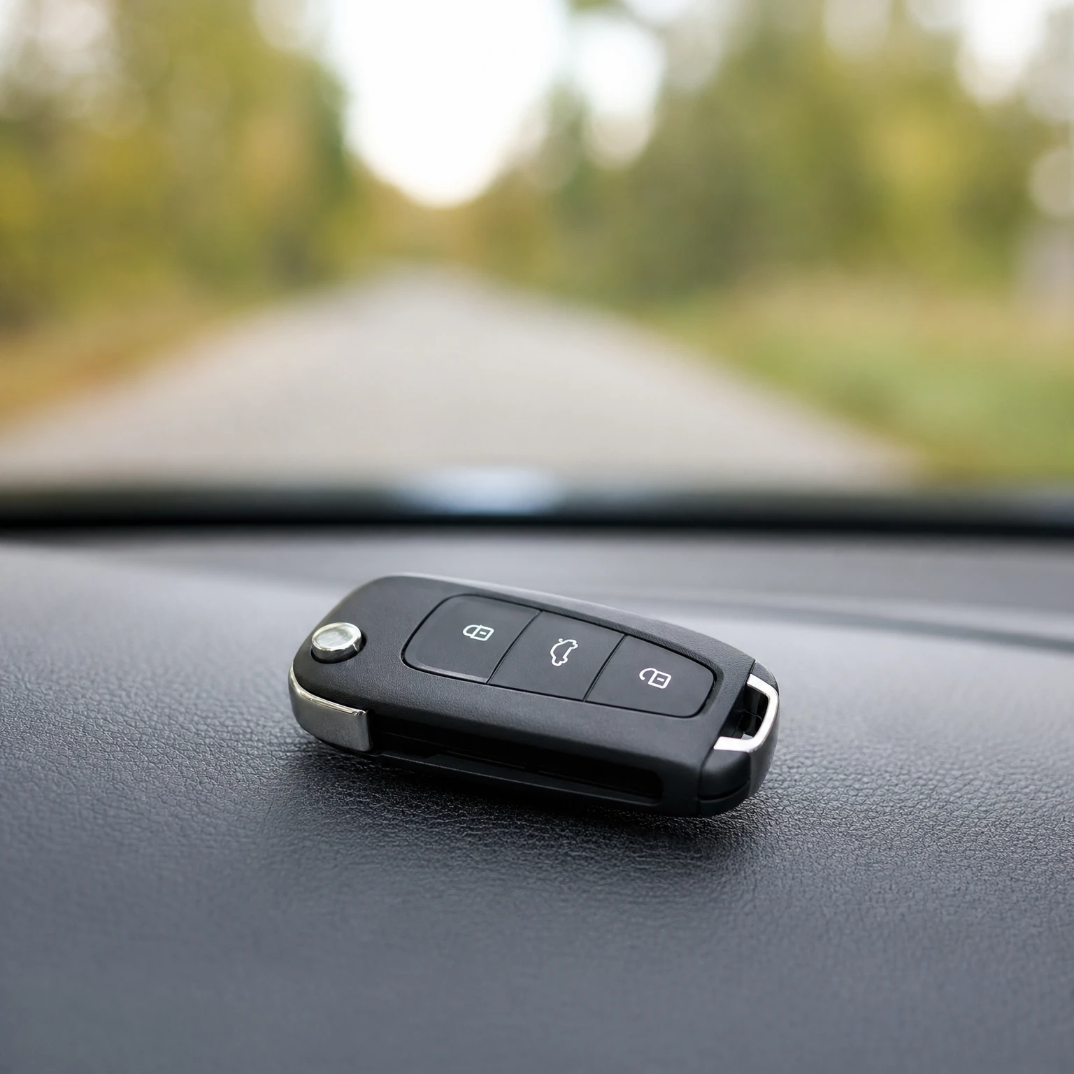 A black three-button flip car key fob resting on a vehicle dashboard, with a blurred tree-lined road visible through the windshield.