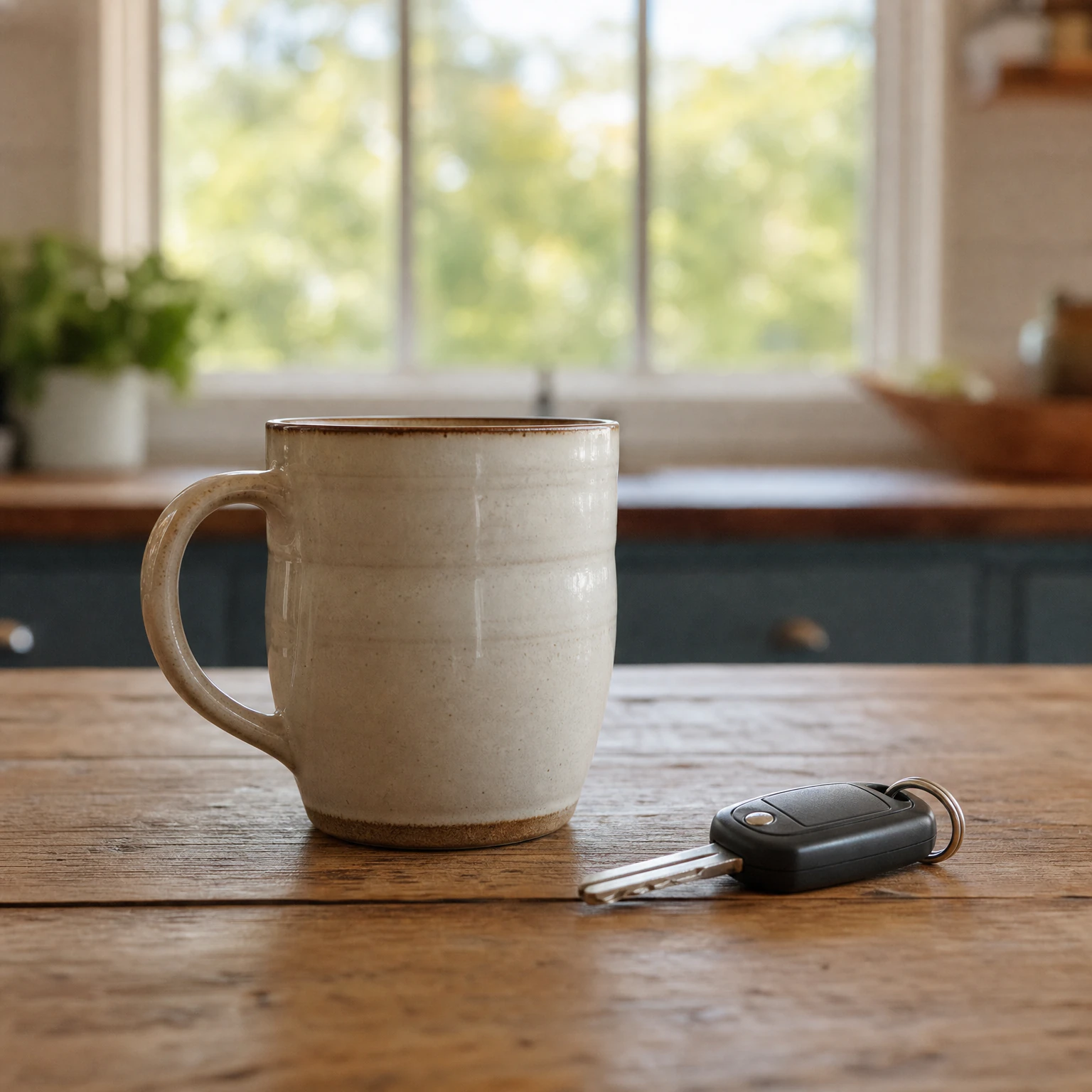 A ceramic mug and a car key fob resting on a rustic wooden kitchen table.