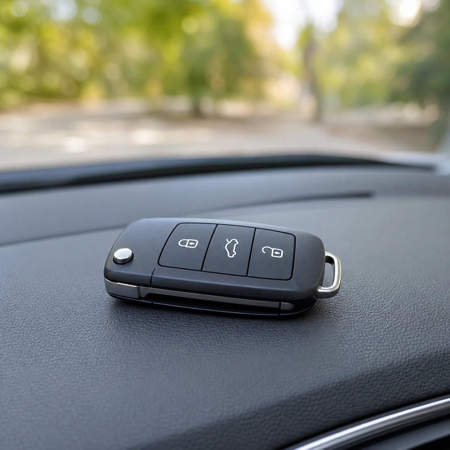 A black flip car key fob with three buttons sitting on a dark car dashboard.