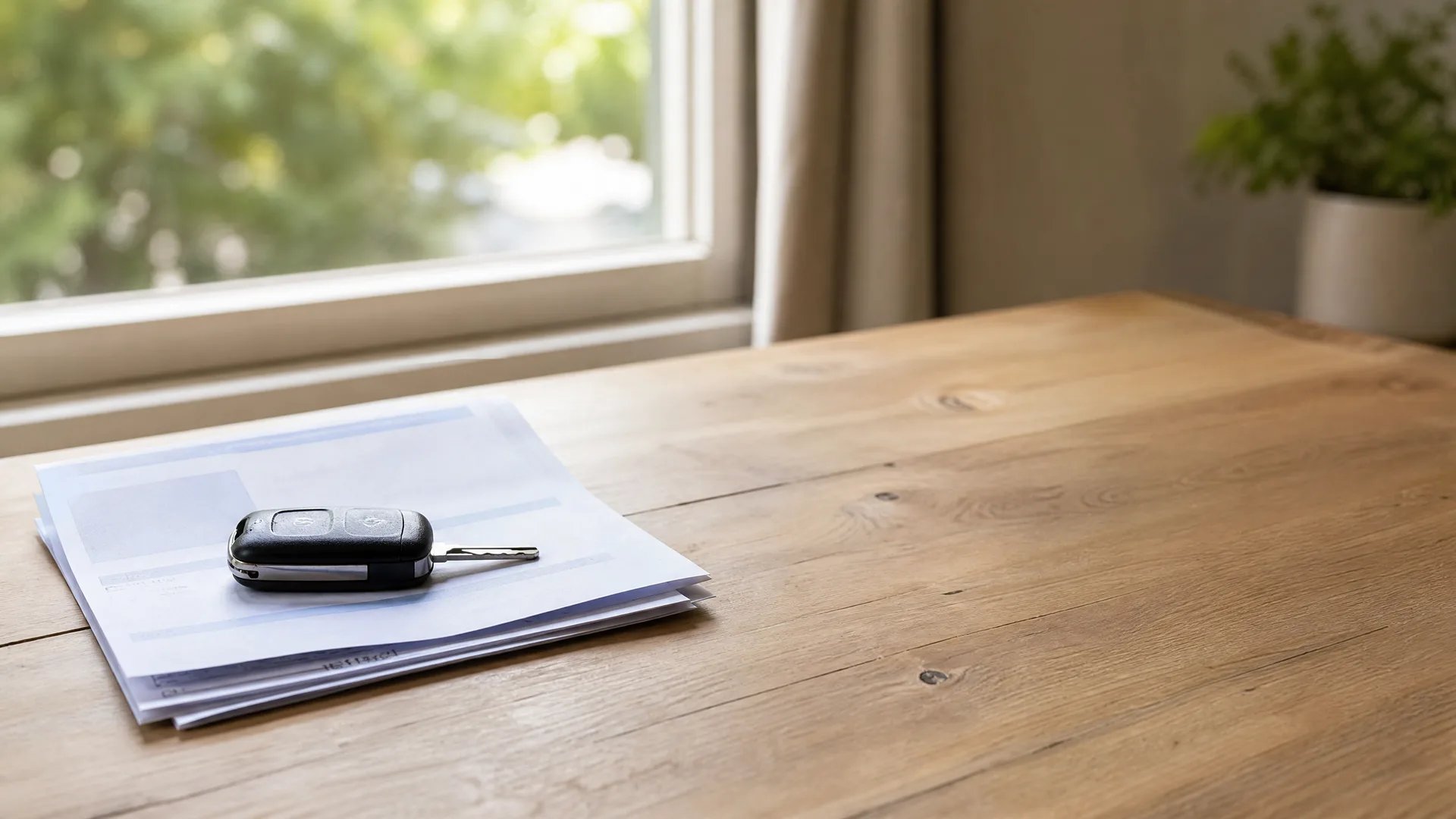 A black flip-style car key resting on a small stack of printed papers on a wooden table beside a window, with a potted plant blurred in the background.