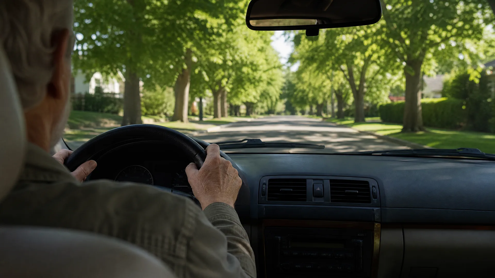 View from inside a car's back seat of an older person with gray hair gripping the steering wheel while driving down a tree-lined residential street in daylight.
