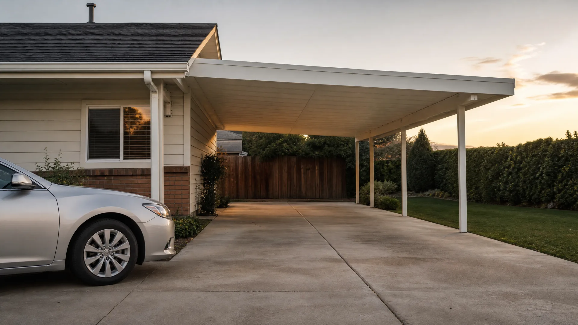 A single-story house with horizontal siding and a brick base has an attached flat-roof carport supported by white posts over a concrete driveway, with a silver sedan parked at left and a hedge and wooden fence beyond at dusk.